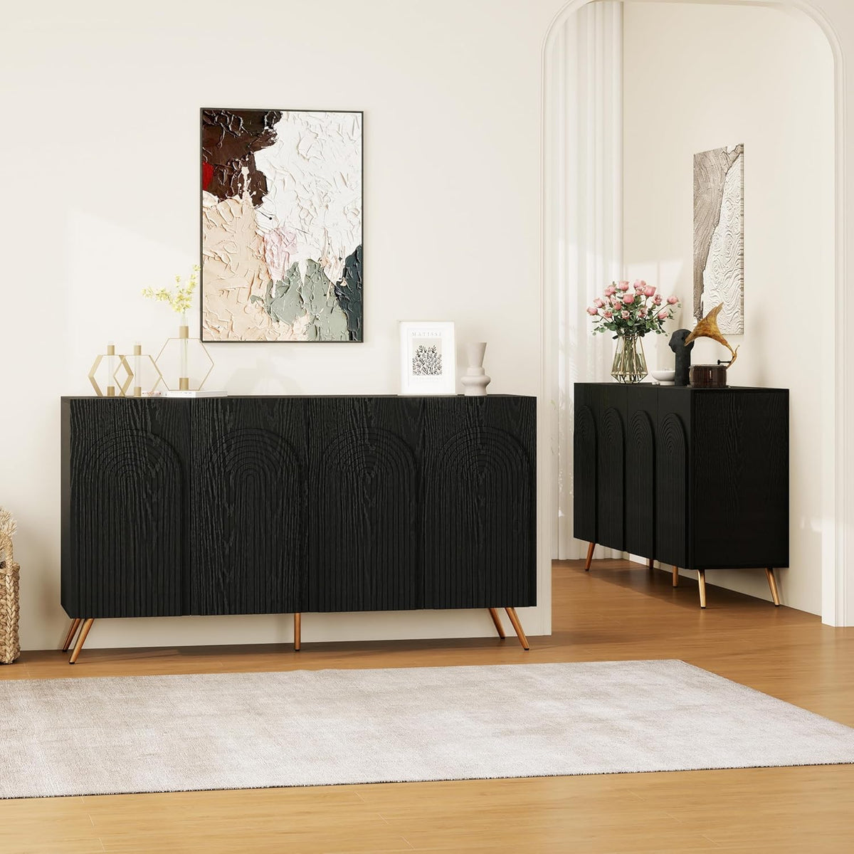 59" Black Arched Sideboard Buffet Cabinet with Adjustable Shelves, Modern Storage Cabinet with Arched 3D Carved Wood Doors, Credenza Accent Cabinet for Living Room, Dining Room, Entryway