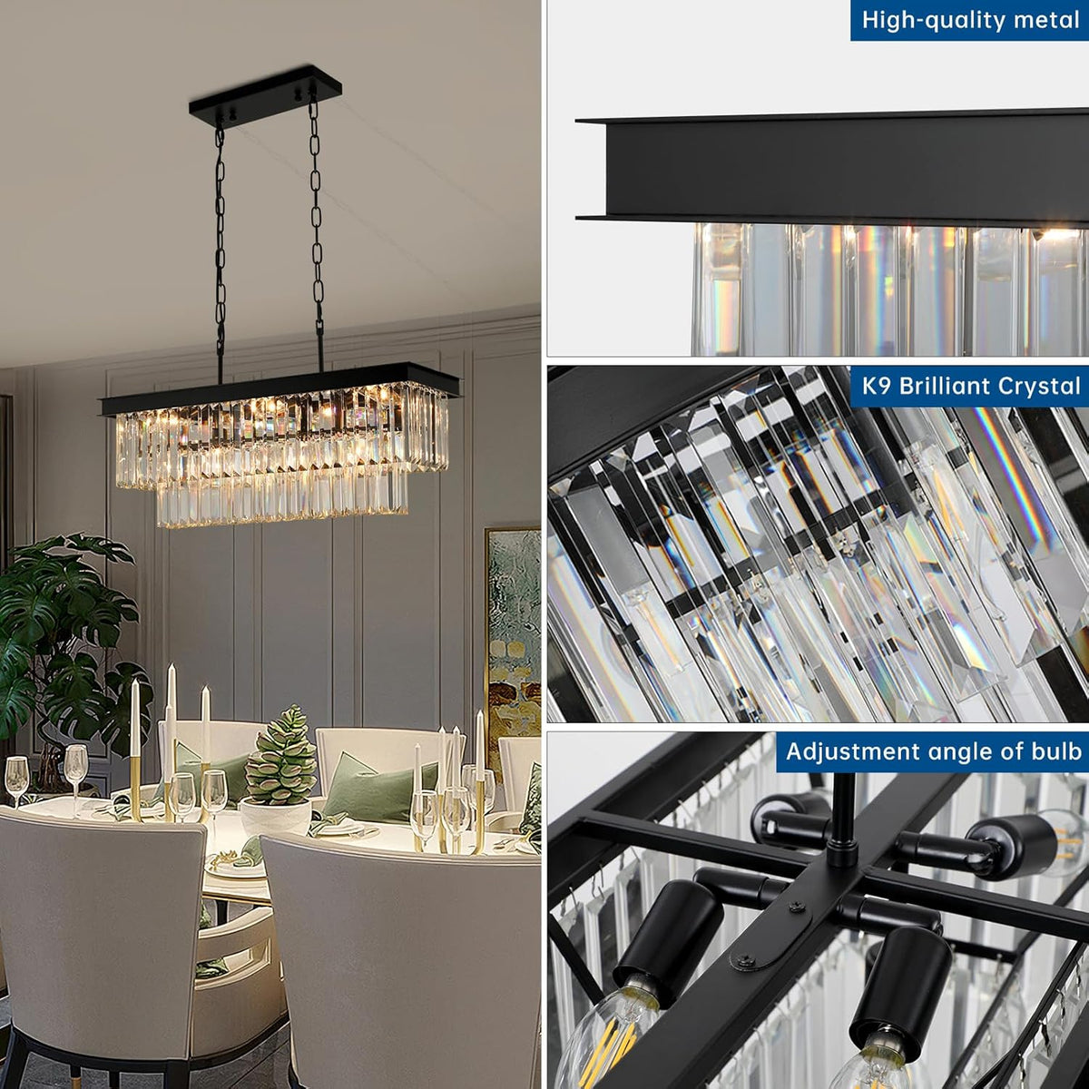 Weesalife Black Crystal Chandeliers for Dining Room Light Fixtures Over Table .9-Lights Modern Rectangle Chandeliers for Kitchen Island Bar L28 Inch
