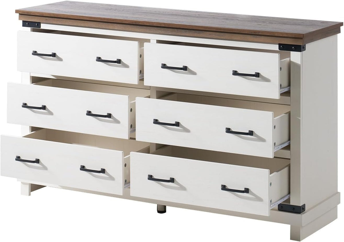 AMERLIFE Farmhouse 6 Drawer Wide Dresser for Bedroom, Large Wood Chest of Drawers with Thick Plank Top, Rustic Heavy Duty Storage Cabinet for Living Room or Hallway, Antique White