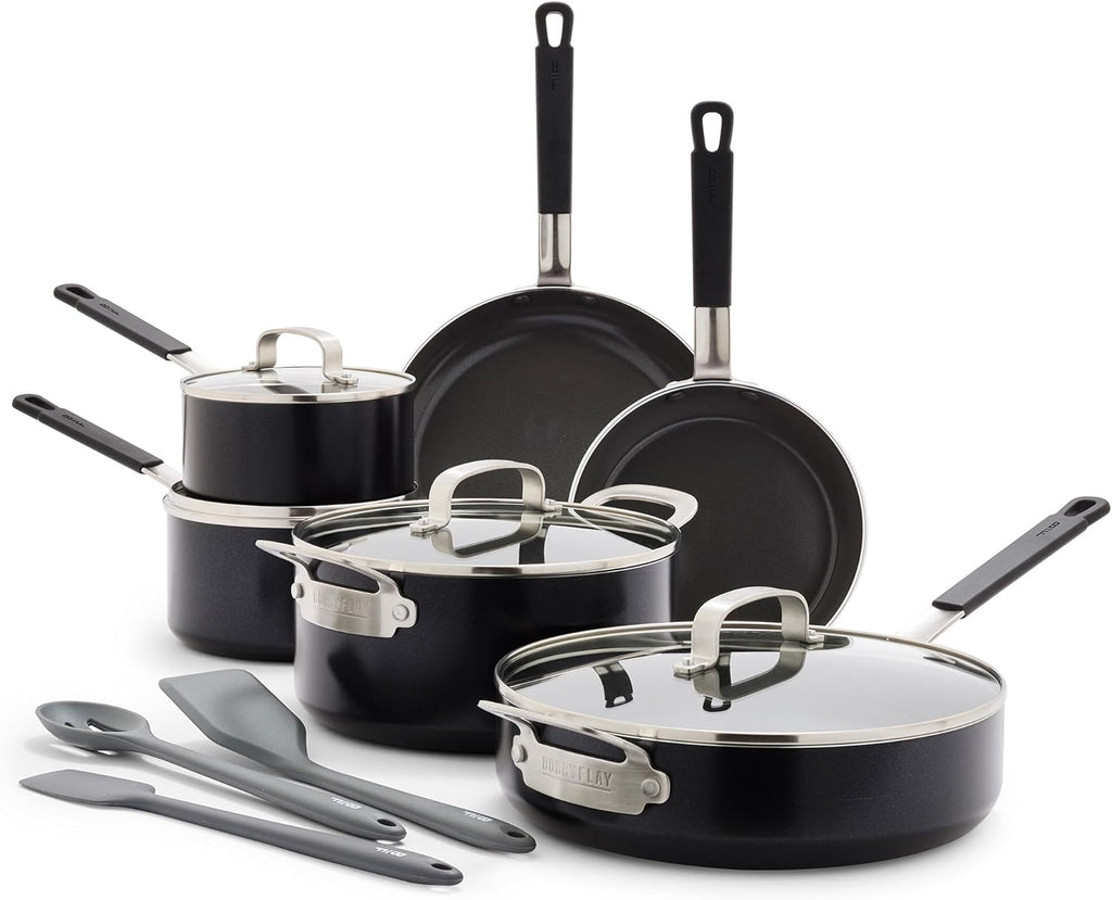 GreenPan x Bobby Flay 13 Piece Nonstick Cookware Pots and Pans Set, PFAS-Free Diamond Ceramic, Induction Suitable, Easy Clean Dishwasher & Oven Safe, Stay-Cool Silicone Handles, Glass Lids, Black