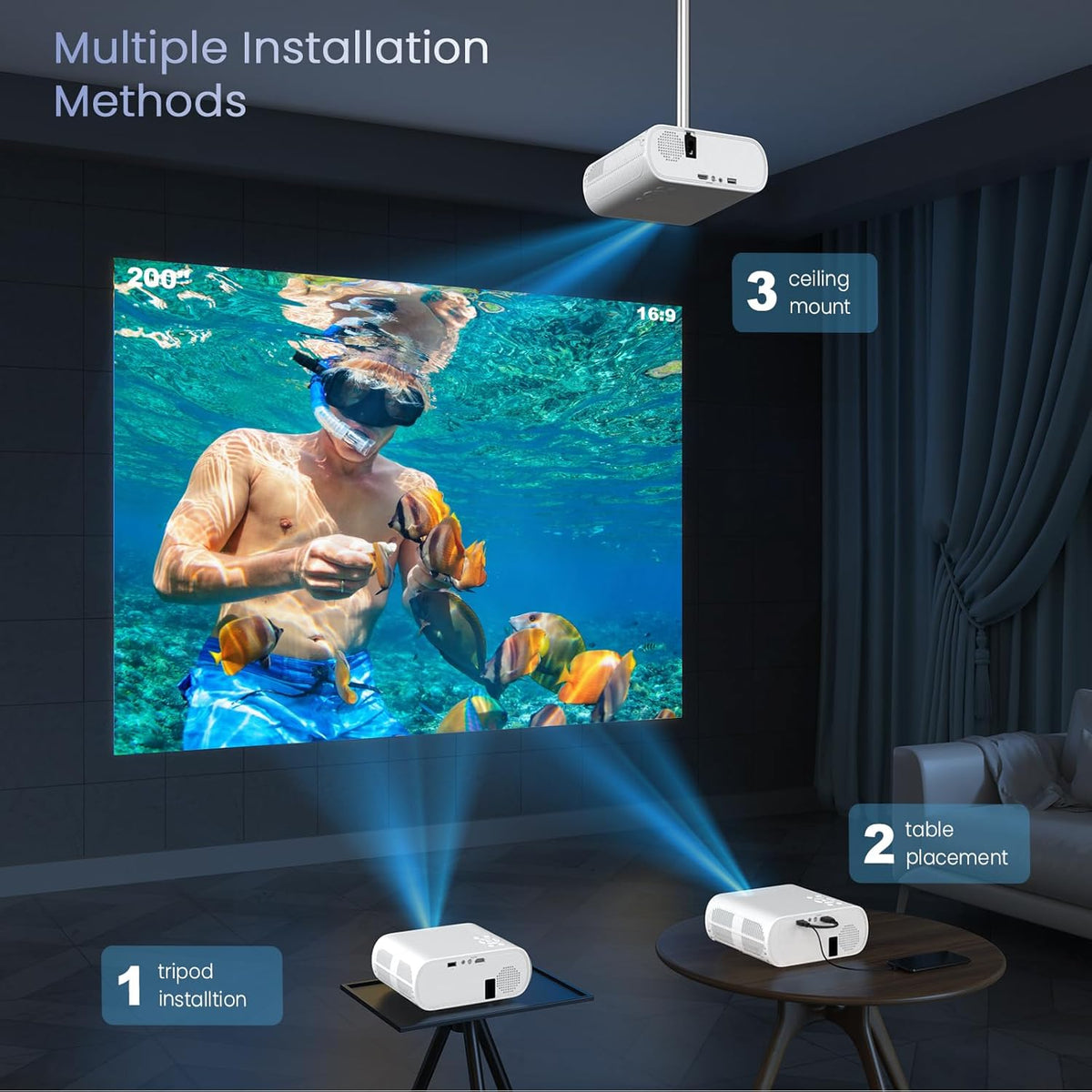 HOMPOW Projector, Native 1080P Full HD Bluetooth Projector with Speaker, 9500 Lumens Outdoor Portable Movie Mini Projector Compatible with Laptop, Smartphone, TV Stick, Xbox, PS5