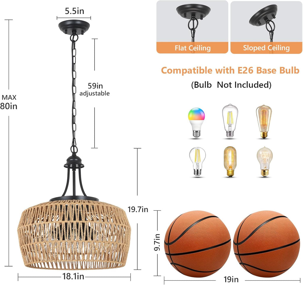 HMVPL Large Farmhouse Chandeliers for Dining Room, 5-Light Rattan Boho Chandelier Light Fixture with Wicker Lampshade, Coastal Hanging Pendant Lighting for Kitchen Island Bedroom Living Room Nursery