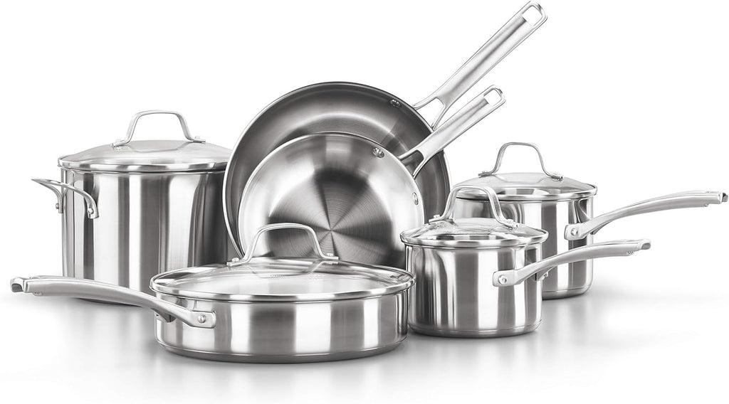 Calphalon Classic Stainless Steel Cookware Set, 10-Piece, Impact-Bonded Aluminum Base, Stay-Cool Handles, Oven Safe 450F, Silver