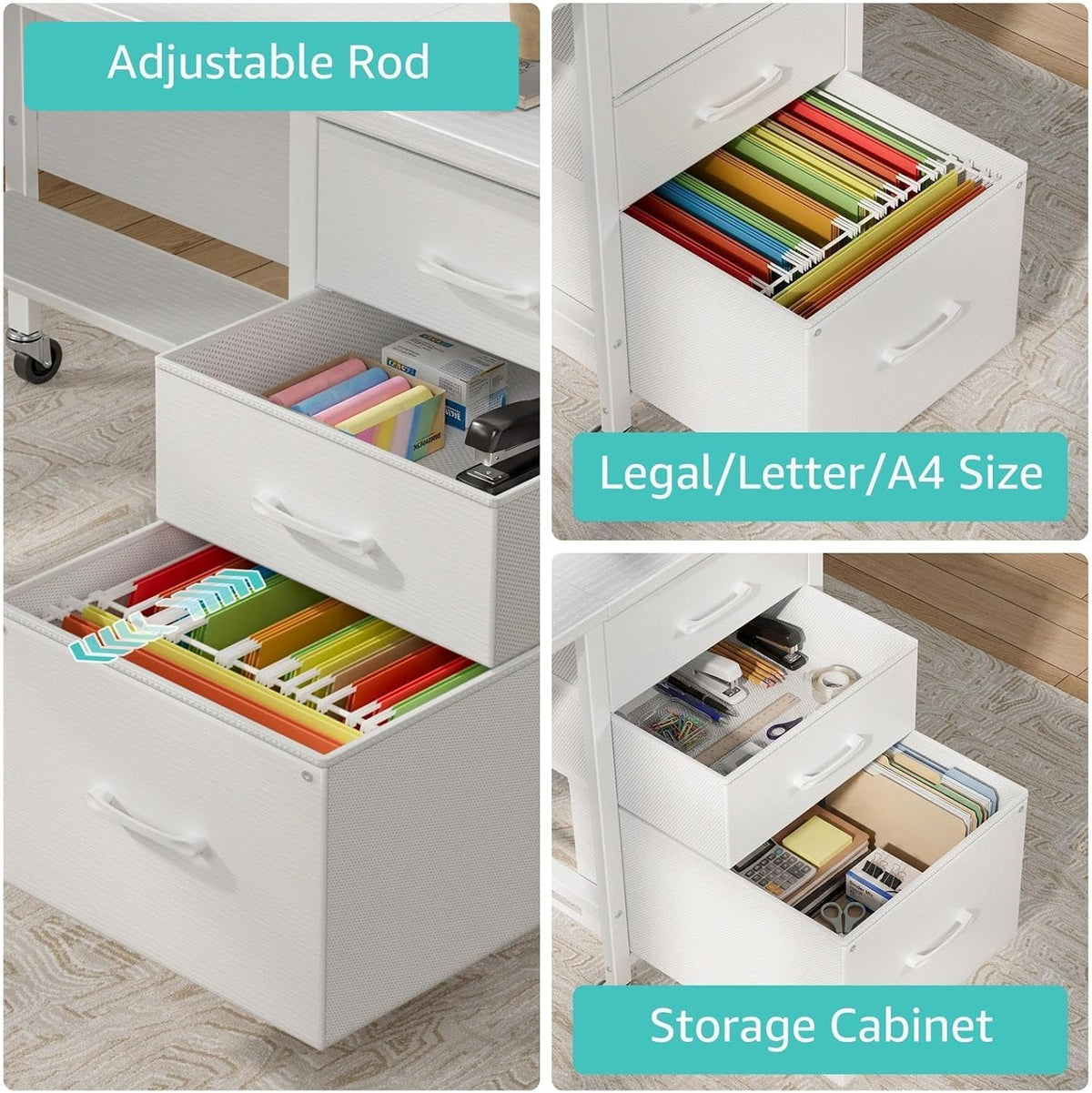 WINAZ Rolling Teacher Desk with File Drawers - 47 Inch Mobile Computer Desk with Privacy Panels & 3 Storage Drawers on Wheels, White Office Desks Workstation for Classroom & Home Office