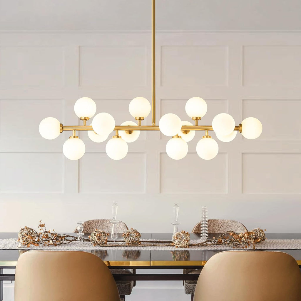 Mid Century Modern Sputnik Chandelier: 16-Light Globe Chandeliers over Table - White Glass Linear Chandelier Dining Room Light Fixture - Gold Brass Modern Chandeliers for Living Room Kitchen Island