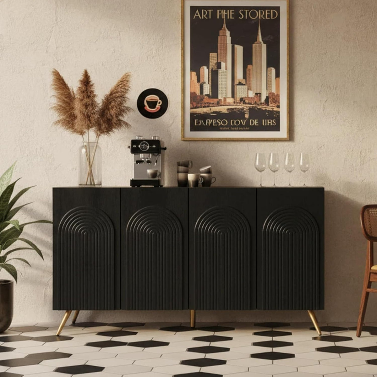 59" Black Arched Sideboard Buffet Cabinet with Adjustable Shelves, Modern Storage Cabinet with Arched 3D Carved Wood Doors, Credenza Accent Cabinet for Living Room, Dining Room, Entryway