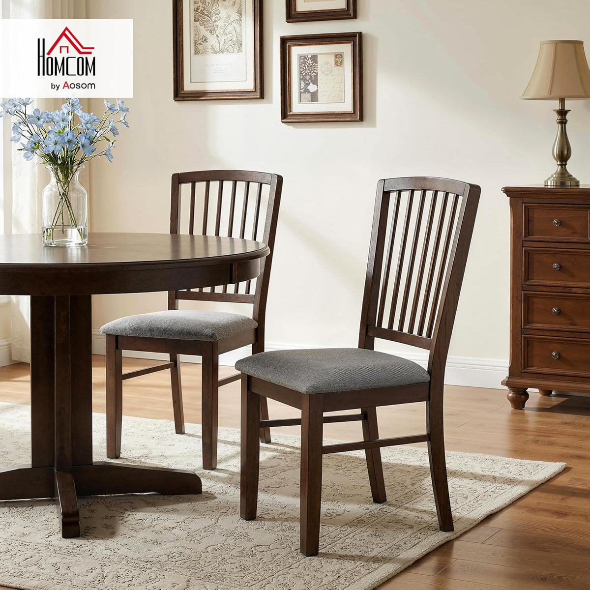HOMCOM Farmhouse Dining Chairs Set of 2, Upholstered Linen Fabric Kitchen Chairs with Solid Rubberwood Legs for Kitchen, Dining Room, Burn Brown