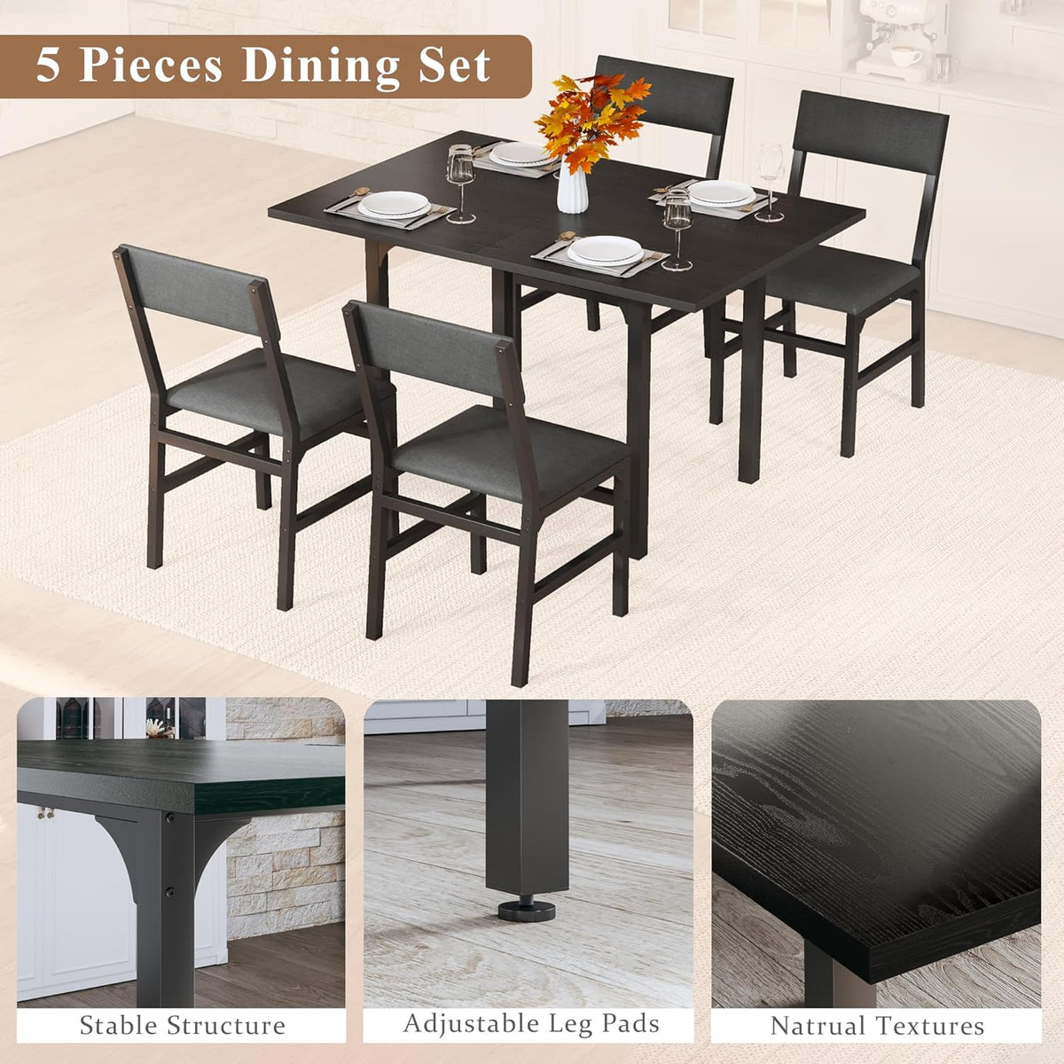 HUAHUU Dining Table Set for 4, Extendable Kitchen Table Cushion Chairs Set of 4, Rectangle Dining Table with Metal Frame & MDF Board, Folding for Small Apartment Saving Space, Black