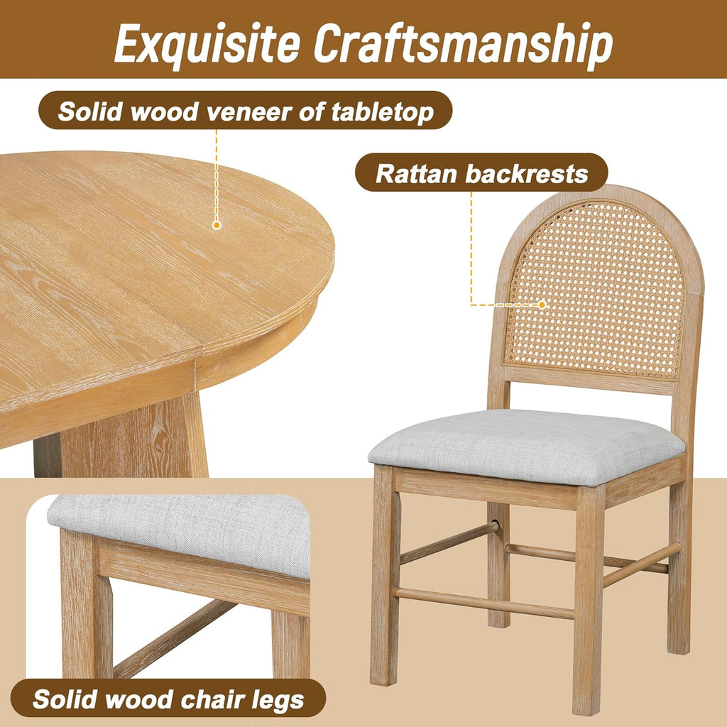 Harper & Bright Designs Farmhouse Wood Round Dining Table Set for 4, 5-Piece Extendable Kitchen Table with 4 Upholstered Chairs with Rattan Backrests for Dining Room and Kitchen (Natural Wood Wash)
