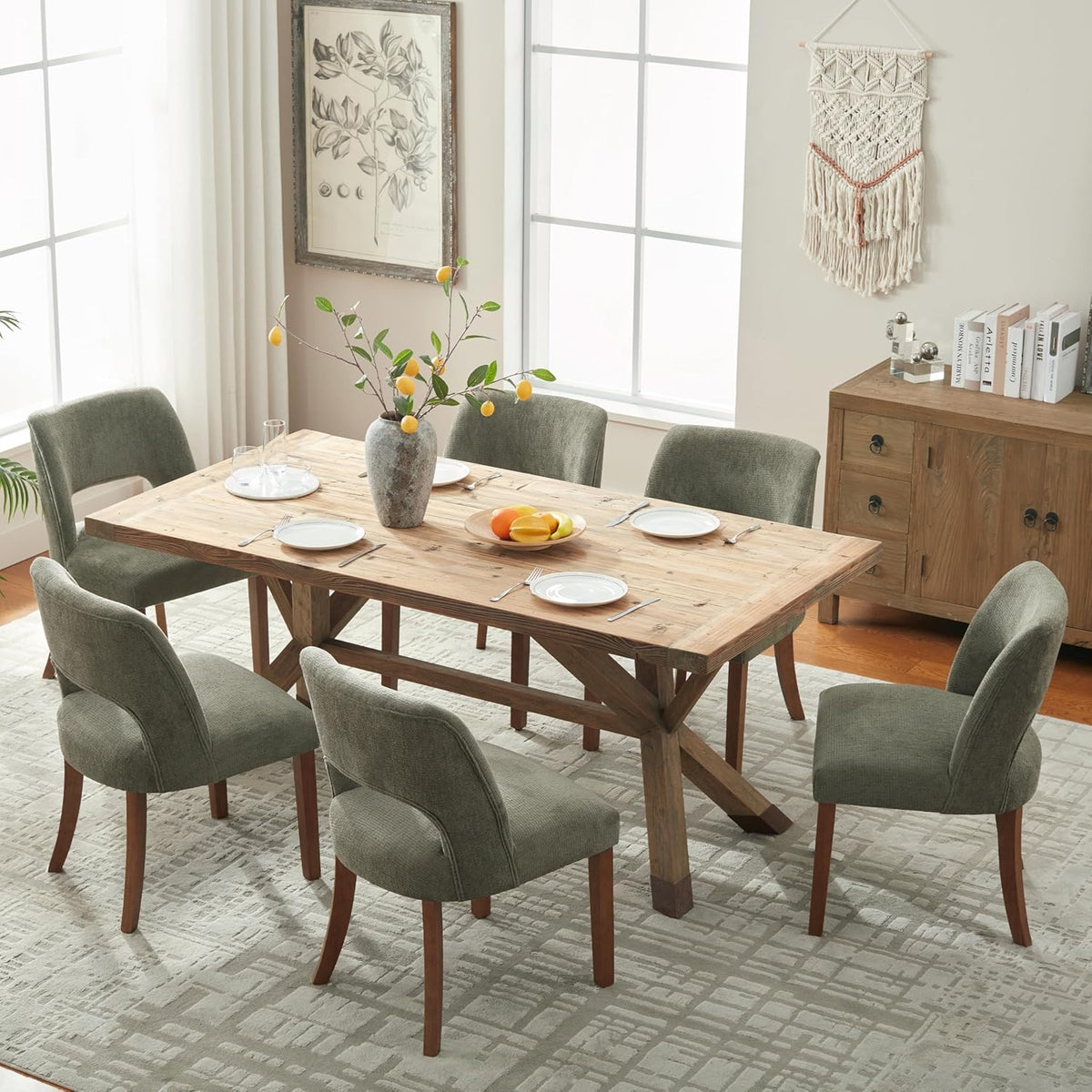 VKNOW Wooden Dining Chairs Set of 6, Modern Fabric Upholstered Dining Room Chair Kitchen Chairs, Farmhouse Dinner Chair for Kitchen Dining Room, Green