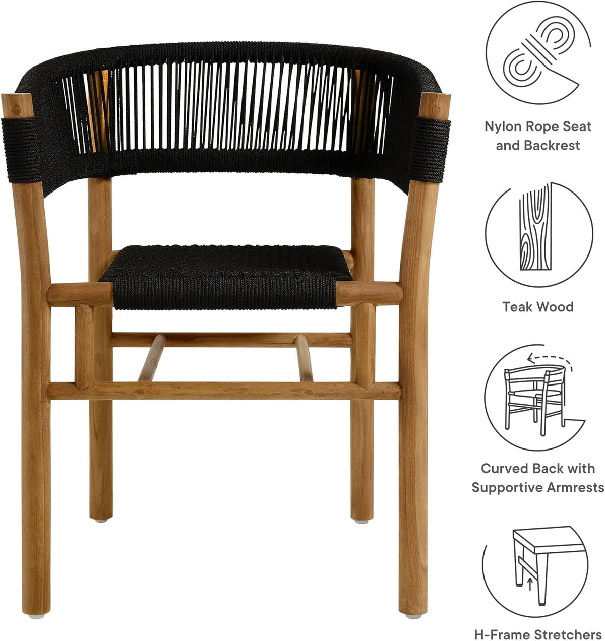 Modway Vienna Outdoor Patio Teak Wood Dining Armchairs with Curved Back Set of 2 in Natural Black – Weather-Resistant Woven Rope Patio Chairs – Stackable Outdoor Accent Chairs for Backyard, Garden