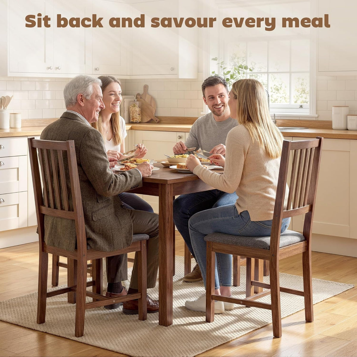 HOMCOM Wooden Dining Chairs Set of 4, Mid-Century Modern Upholstered Kitchen Chairs with Slat Backrest, Rubberwood Legs and Padded Seat for Dining Room, Living Room, Farmhouse Walnut