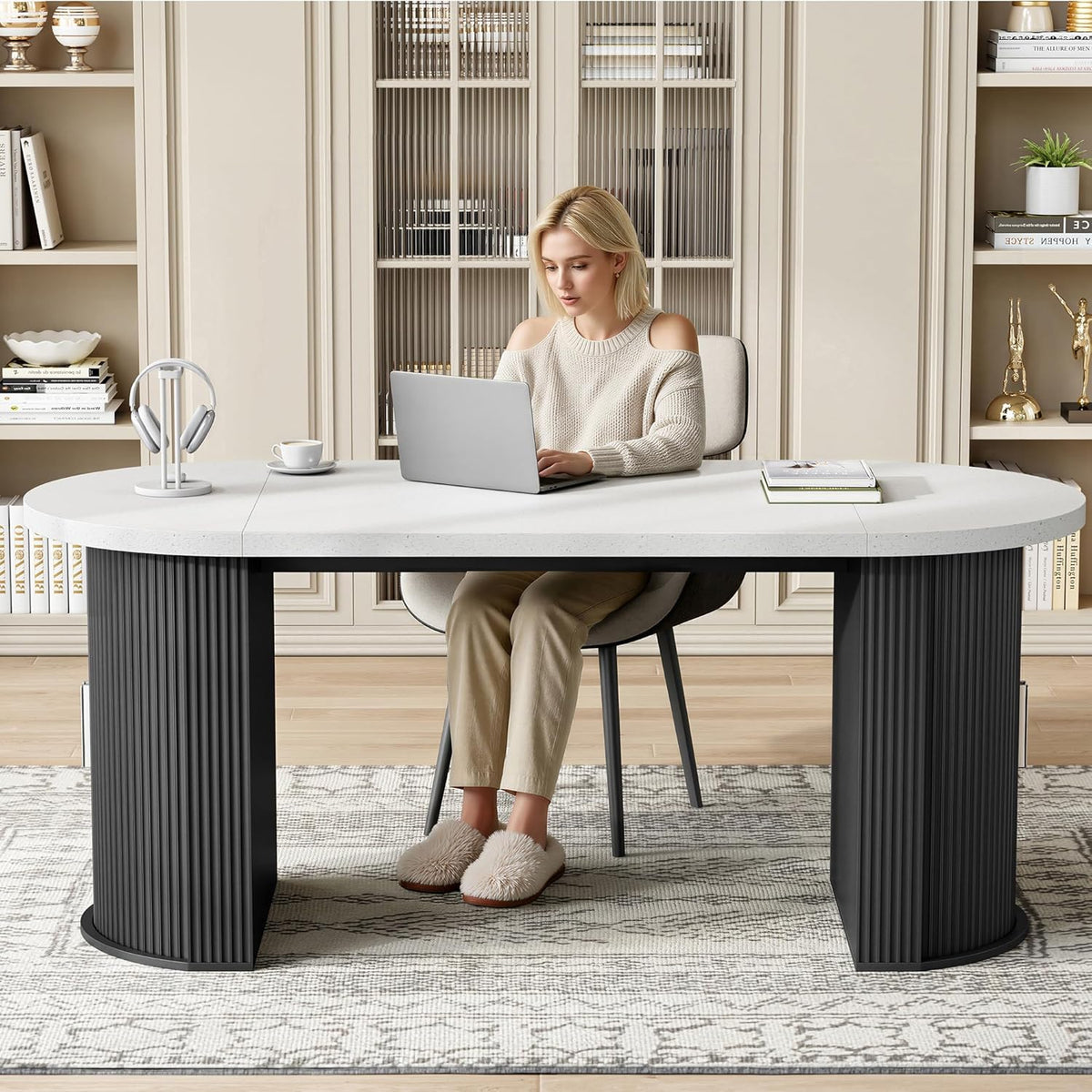 IRONCK 71" Oval Dining Table for 4-8, Modern Farmhouse Dining Table with Hidden Storage & Fluted Base, 1.6" Thick Faux Quartz Top, Dinner Table for Dining Room Kitchen Home Office, Black