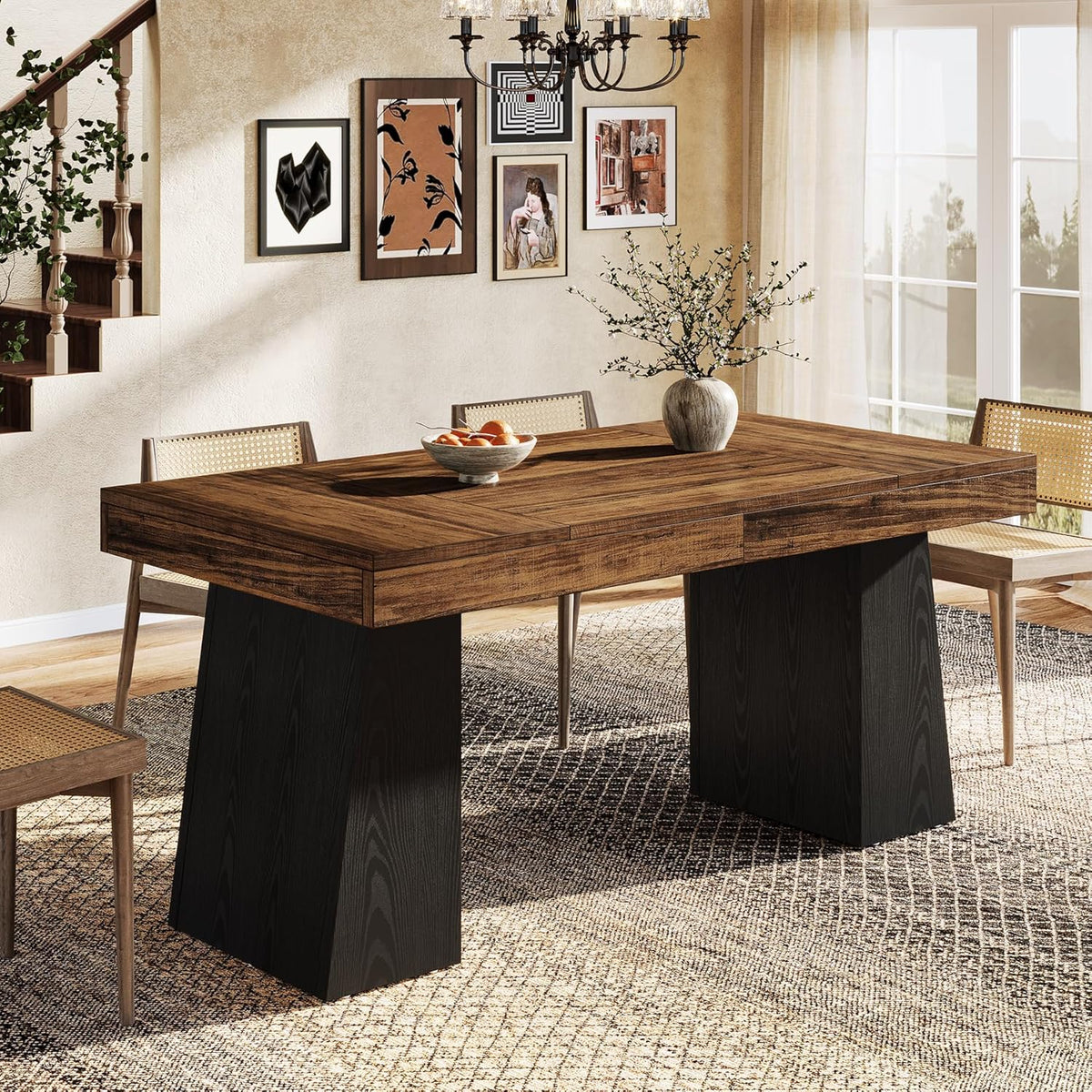 Tribesigns Two Tone Dining Table for 4-6 People, Rectangular Farmhouse Kitchen Dinner Table with Double Pedestal, Wood Dining Room Furniture for Home, Dining Room, Small Space, Brown & Black