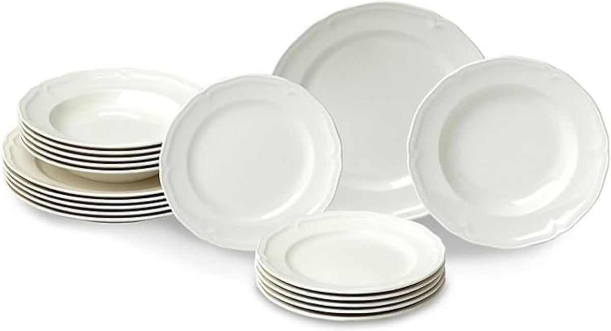 Villeroy & Boch Manoir Collection 18-Piece Dinnerware Set, Plates & Bowls, Premium Porcelain, Made in Germany, Dishwasher & Microwave Safe, Rich, Creamy White
