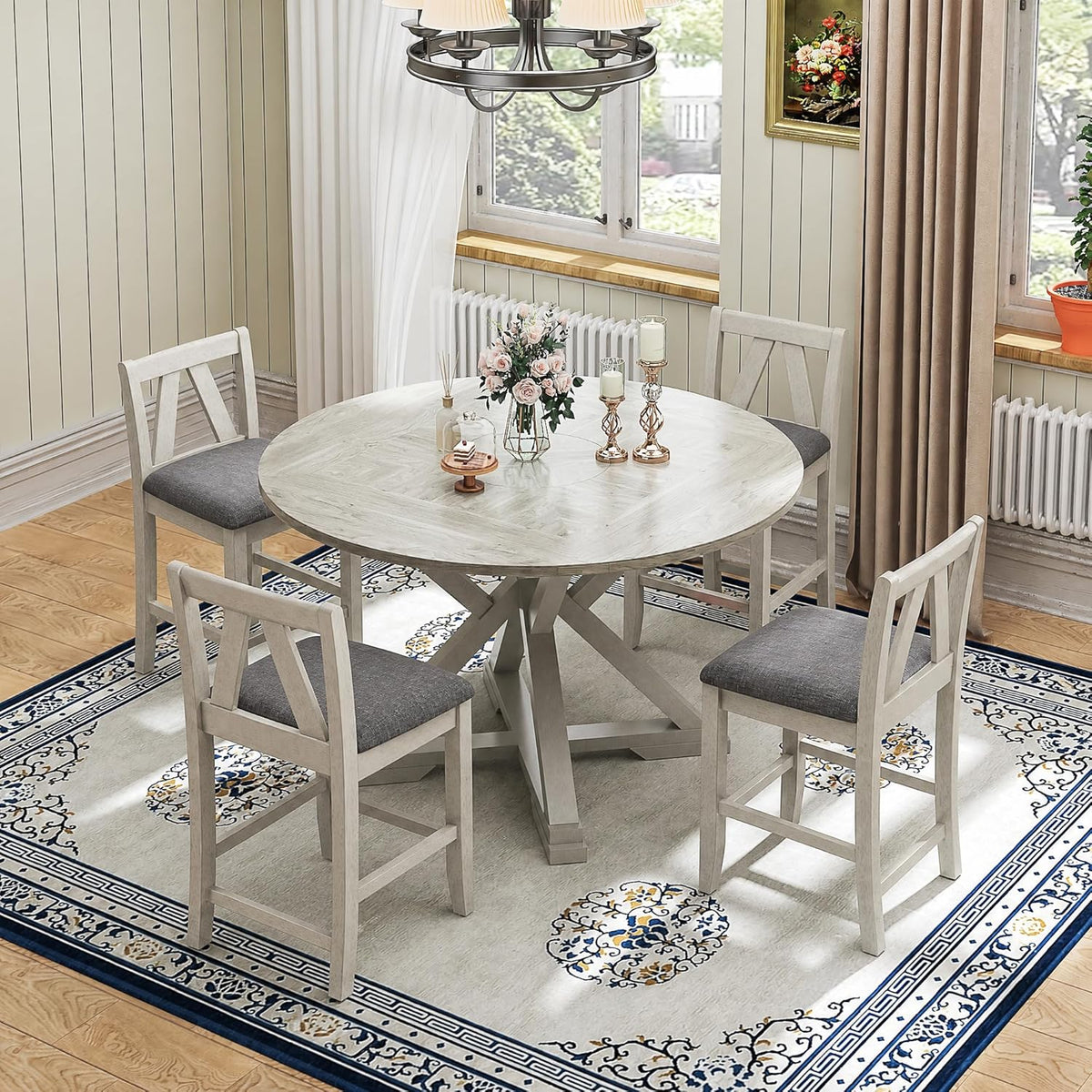 VECELO 7-Piece Solid Wood Foldable Dining Table Set for 6, Farmhouse Round Dining Table with 6 Upholstered Dining Chairs for Dining Room, Kitchen, Washed Gray