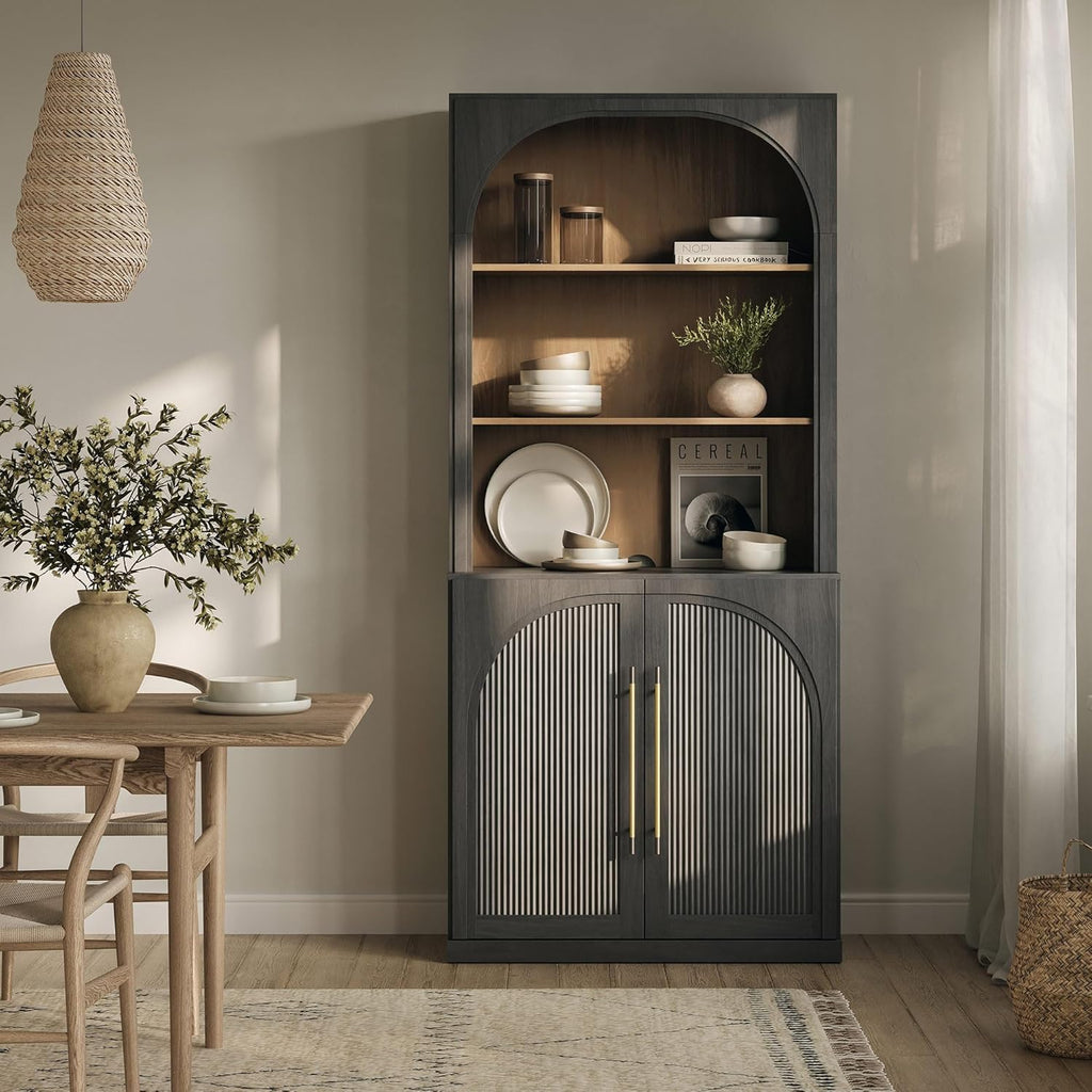 BELLEZE 72" Tall Storage Cabinet with Hutch, Modern Wood Sideboard with Arched Doors and 3-Tier Shelves, Display Curio Cabinet for Kitchen, Dining Room, Living Room, or Office, Ebony