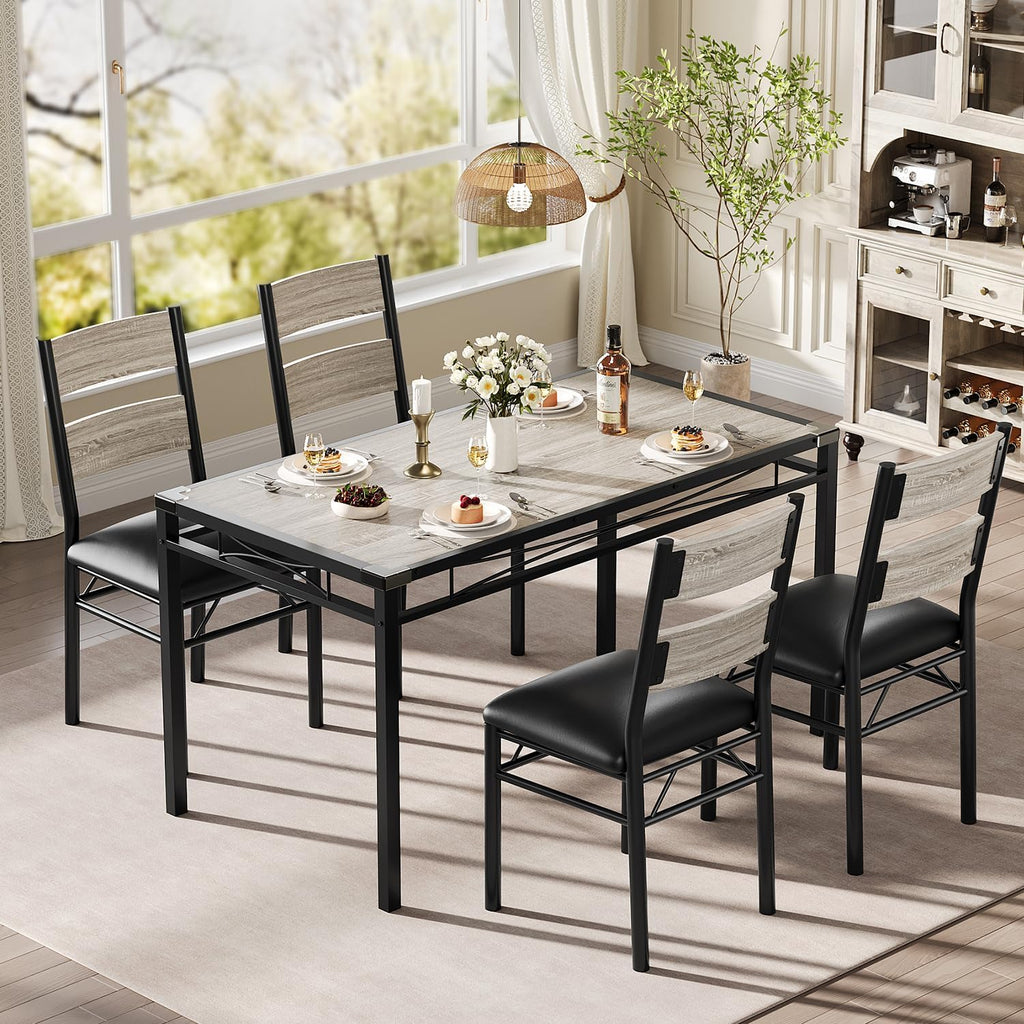 Garvee Wood Dining Table Set for 4 with Upholstered Chairs, Kitchen Table Chairs Set of 4 with Corner Protector, Dining Room Table Set for 4, for Kitchen, Apartment, Retro Gray