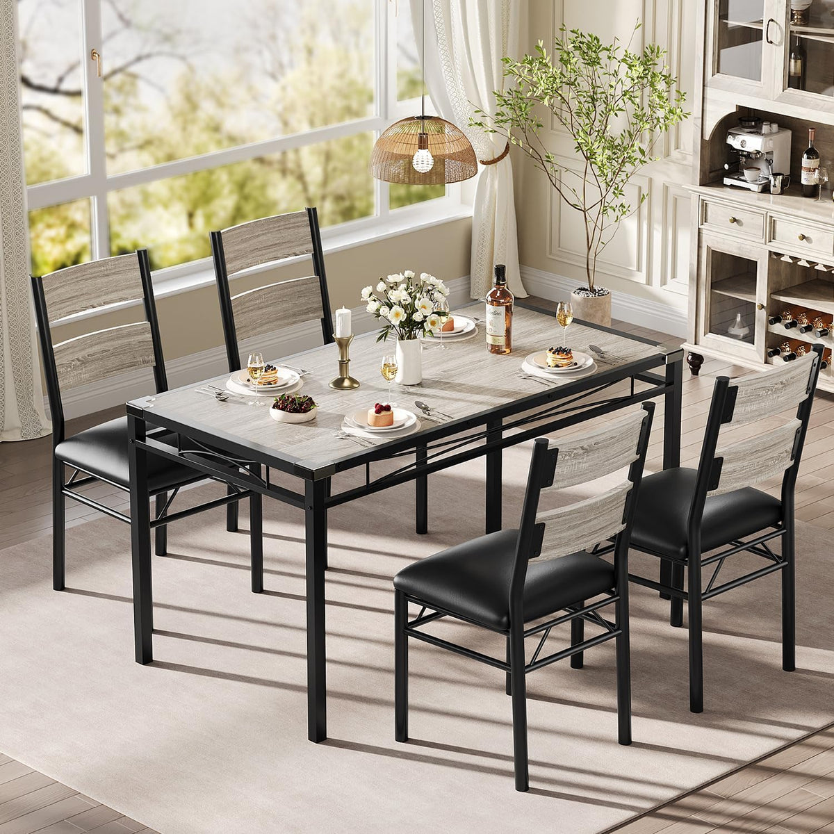 Garvee Wood Dining Table Set for 4 with Upholstered Chairs, Kitchen Table Chairs Set of 4 with Corner Protector, Dining Room Table Set for 4, for Kitchen, Apartment, Retro Gray