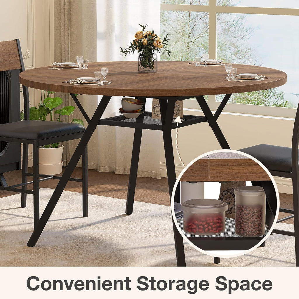 Pamapic 47'' Round Dining Table Set for 6, Kitchen Table and Chairs for 6, Dining Room Circle Dinner Pedestal Table, Solid Metal Frame,Space Saving Wood Small Kitchen & Dining Room Furniture,Walnut