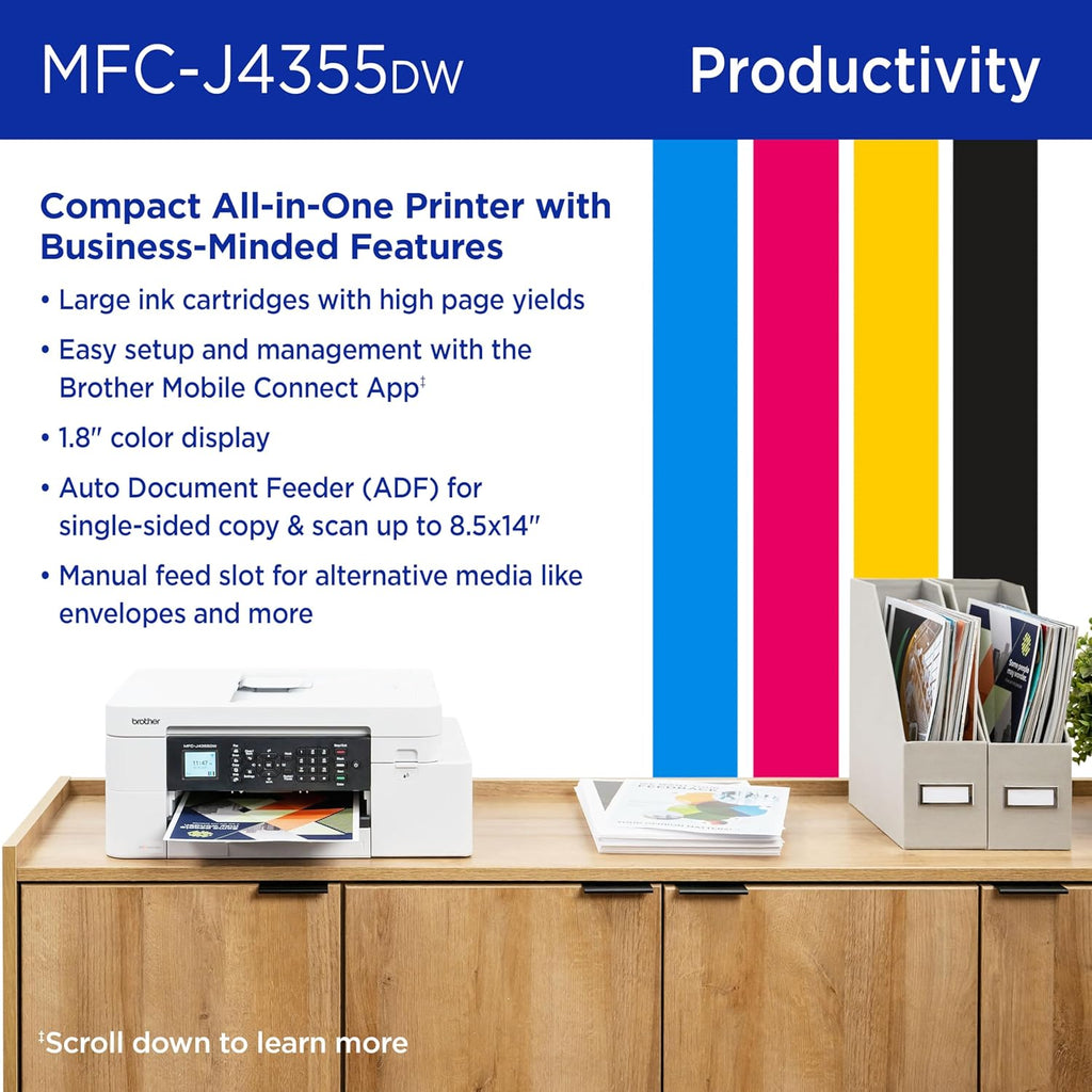 Brother INKvestment 4355 Wireless Color Inkjet All-in-One Printer with 1.8” Color Display and Manual Feed Slot | Includes Refresh Subscription Trial(1) (MFC-J4355DW)