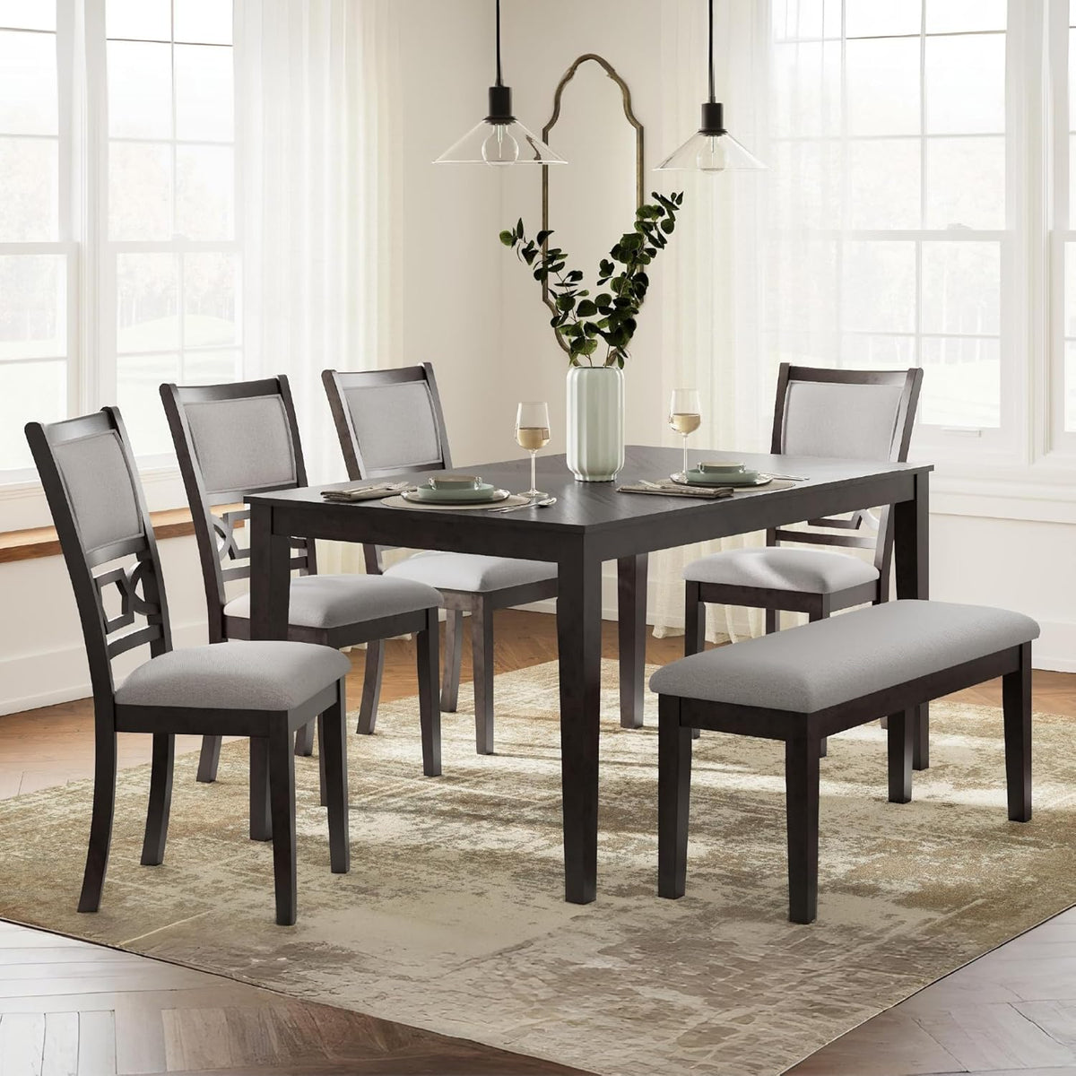 Signature Design by Ashley Langwest Dining Room Table Set, 4 Upholstered Chairs and Bench, Seats 6, Cushioned Seats, Wood, Cherry Brown