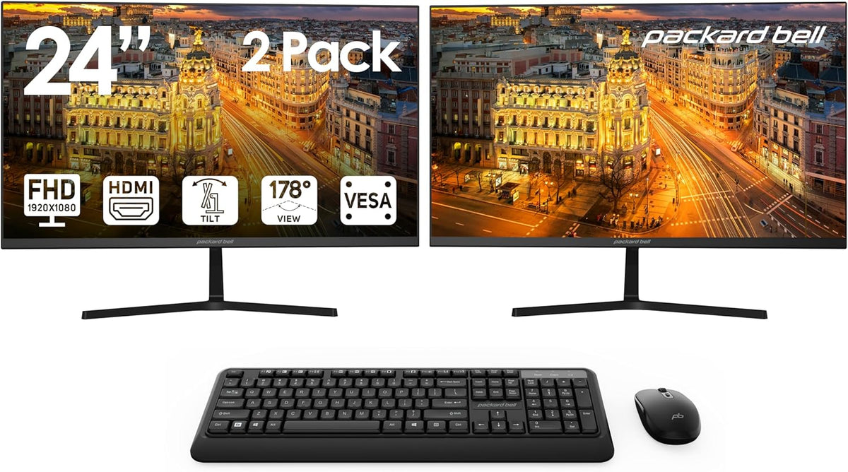 Packard Bell airFrame 24" FHD Monitors + Wireless Keyboard & Mouse, VESA Mount Compatible, HDMI/VGA, Tilt, Slim Bezel, for Home, Office, Light Gaming – 2 Pack