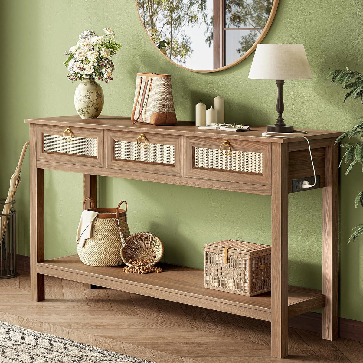 SUPERJARE Rattan Console Sofa Table with Outlets and USB-C Port, 3 Drawer Entryway Table with Synthetic Rattan Surface, Open Shelf, Behind Couch Entry Foyer Hallway Storage, Brown