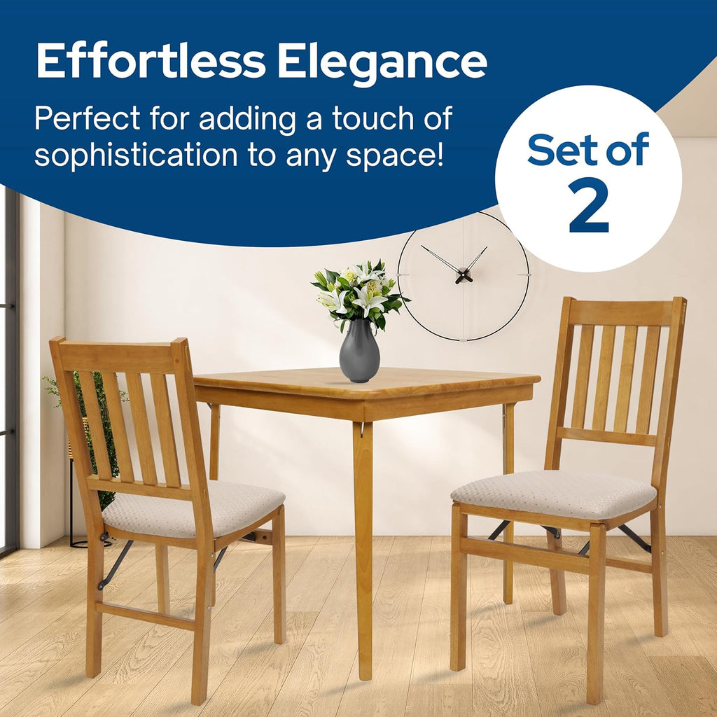 MECO Stakmore Arts and Craft Wooden Folding Chairs with Padded Seats, Set of 2 - No Assembly Foldable Dining Chairs, Steel Folding Mechanism, Upholstered Cushion, Space-Saving, Oak Frame