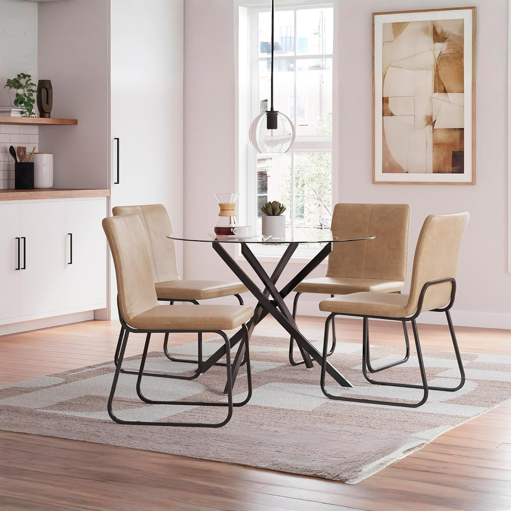 Signature Design by Ashley Pharwynn Modern Glass Tabletop Dining Table with Cross-Shaped Base, Black