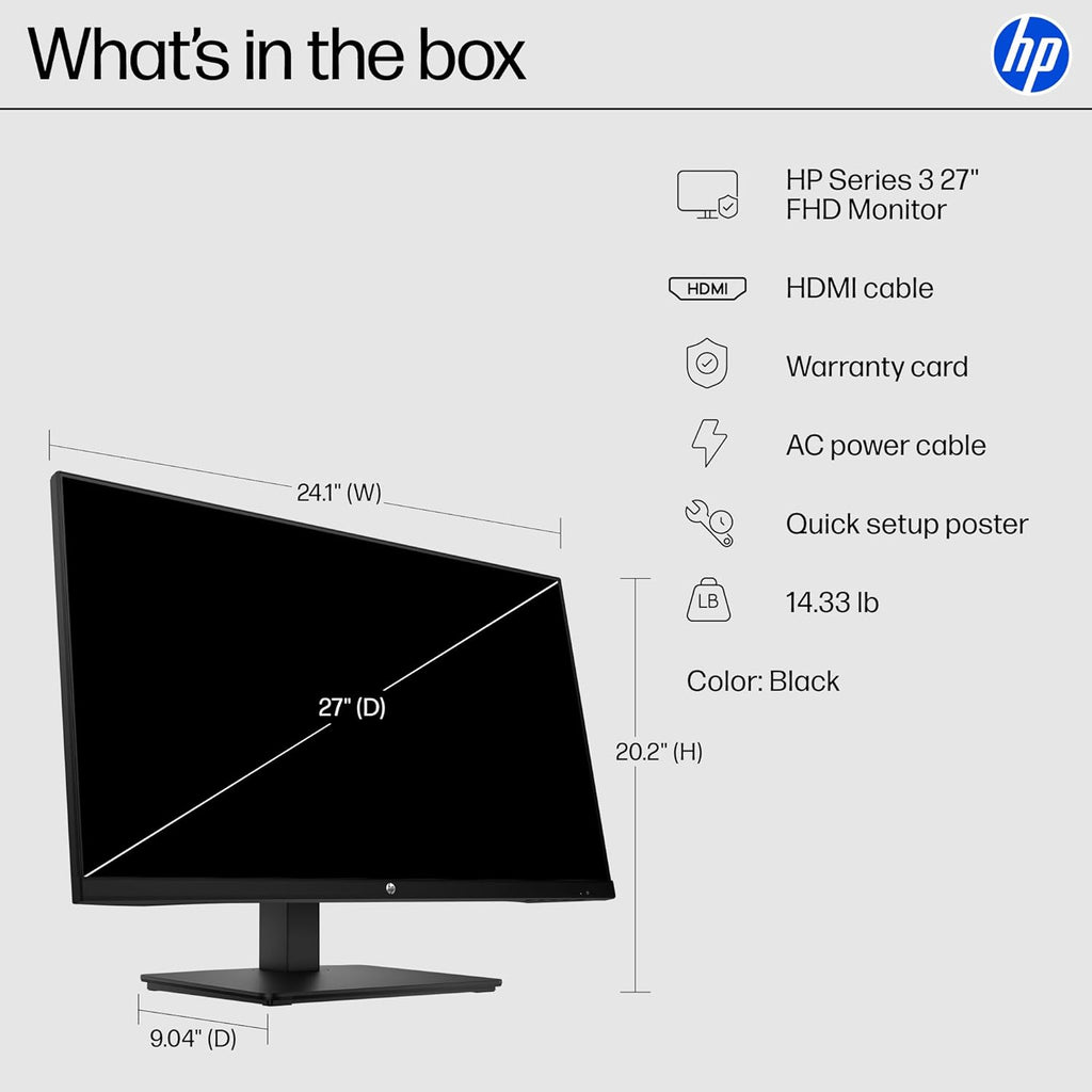 HP Series 3 27 inch FHD Monitor, Full HD Display (1920 x 1080), IPS Panel, 1300:1 Contrast Ratio, 250 Nits, Eye Ease with Eyesafe Certification, Black, 327se (2025)