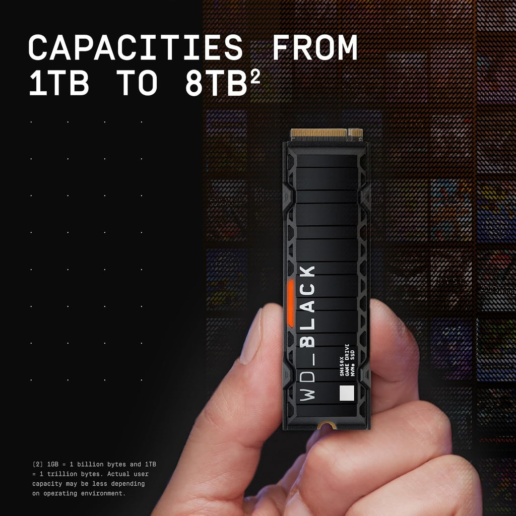WD_BLACK SN850X 1TB NVMe SSD with Heatsink - M.2 2280, Up to 7,300 MB/s Read speeds, Up to 6,300 MB/s write speeds, Gaming Expansion, High Performance Internal Solid State Drive - WDS100T2XHE