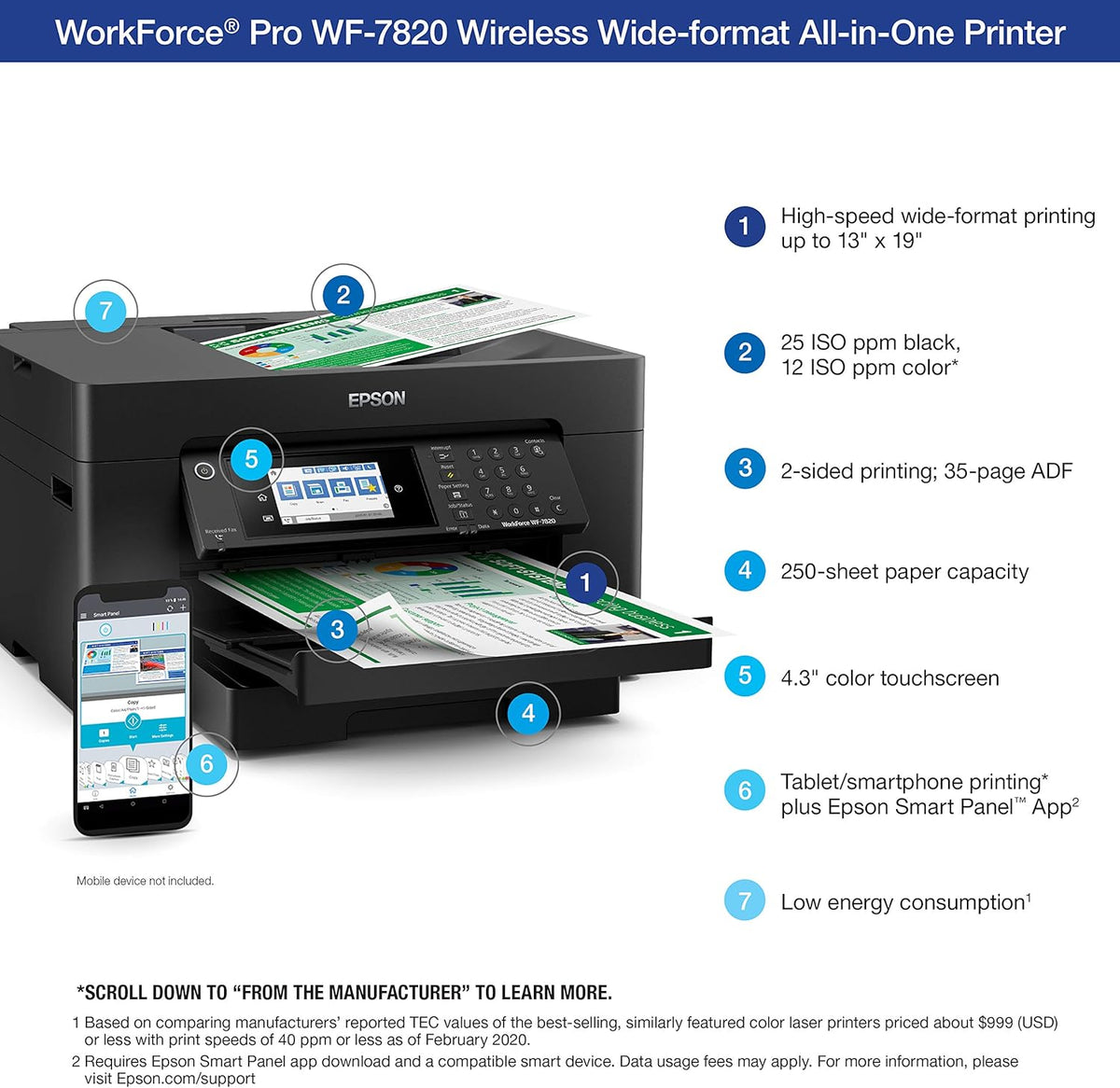 Epson Workforce Pro WF-7820 Wireless All-in-One Wide-Format Printer, Auto 2-Sided Print 13" x 19" Copy, Scan & Fax, 50-Page ADF, 250-sheet Paper Capacity, Works with Alexa - Black