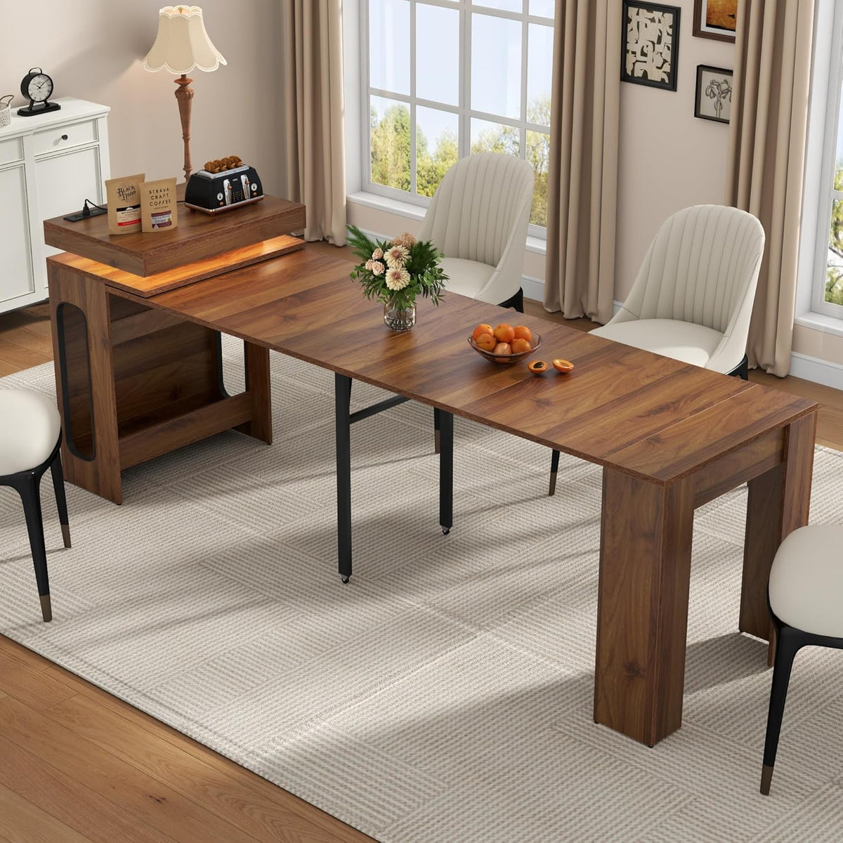 Extendable Dining Table with Charging Station, Convertible Folding Console Table for 6-8 People, Space-Saving Dining Table with LED Lights, Wood Rectangle Kitchen Table for Homes, Walnut (No Chairs)
