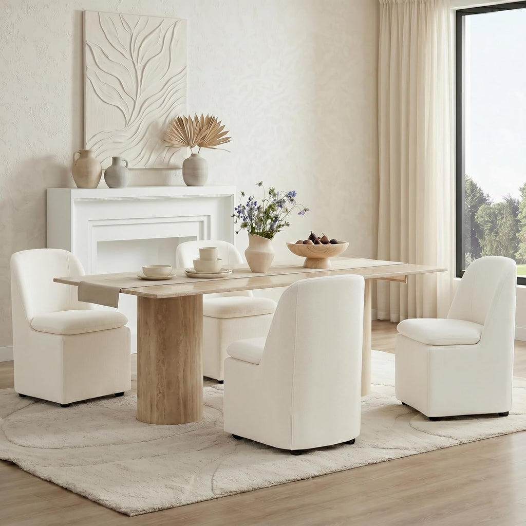 KISLOT Upholstered Dining Chairs Set of 4 with Hidden Casters, Modern Kitchen Chairs with Removable Washable Cover, Padded Dining Room Chairs with Chenille Velvet Fabric & Metal Frame, Beige