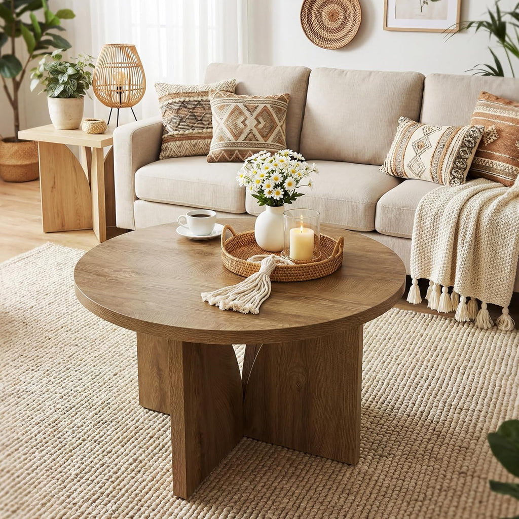 LITTLE TREE Round Coffee Table, 31.5-Inches Circle Center Table for Living Room, Modern Wooden Coffee Table for Small Space, Easy to Assemble, for Home Office, Small Space, Brown