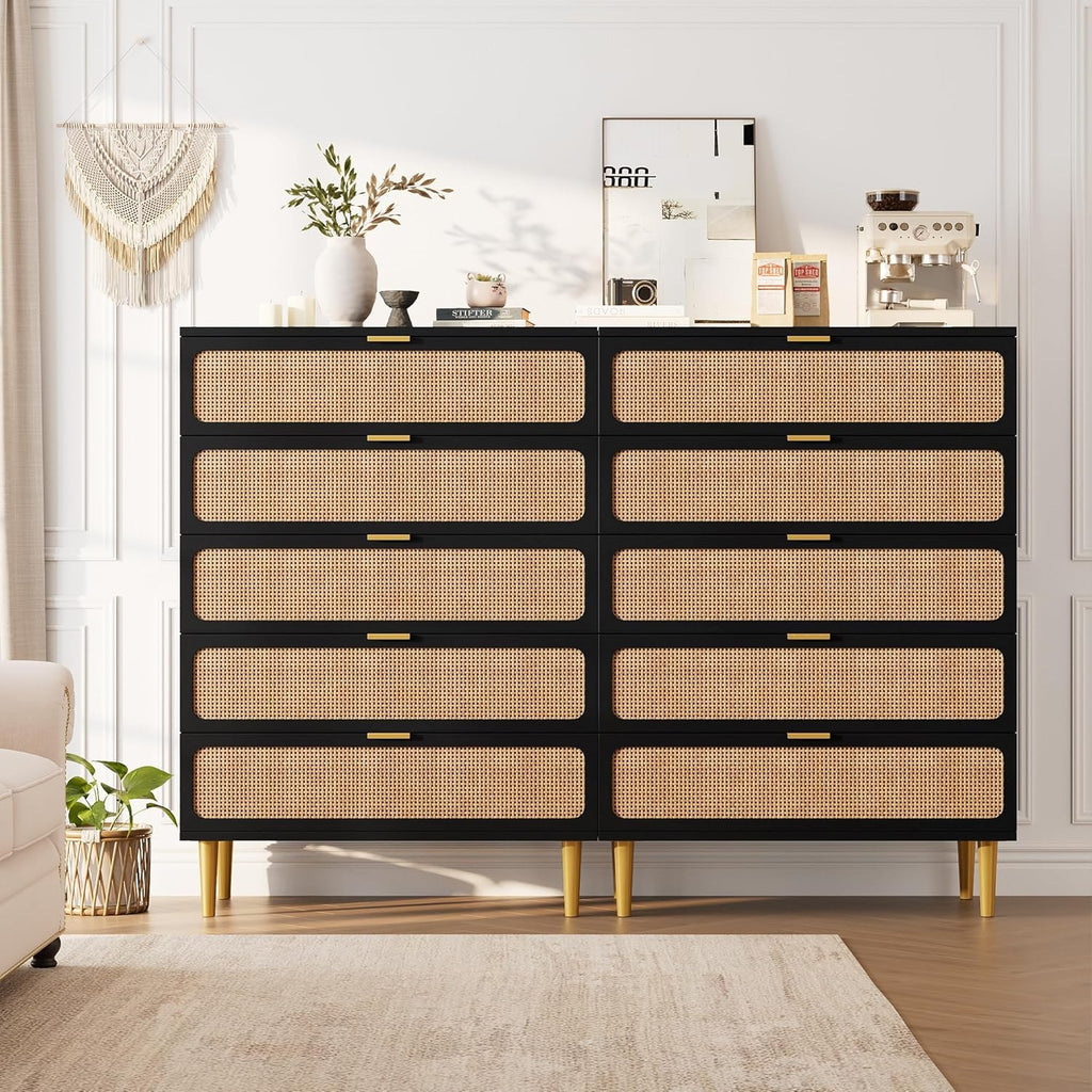 Garvee Rattan Dresser with 5 Drawers, Tall Modern Closet with Deep Storage, Large Chest of Drawers with Wide Top, Long Wooden Dresser for Bedroom, Living Room, Hallway, Kids Room, Black