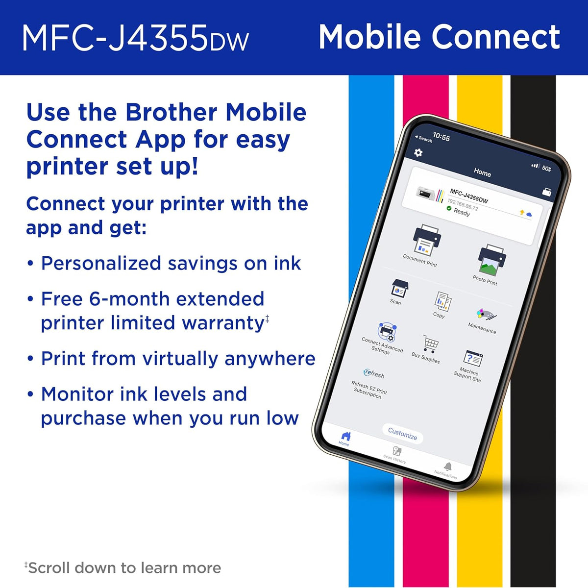 Brother INKvestment 4355 Wireless Color Inkjet All-in-One Printer with 1.8” Color Display and Manual Feed Slot | Includes Refresh Subscription Trial(1) (MFC-J4355DW)