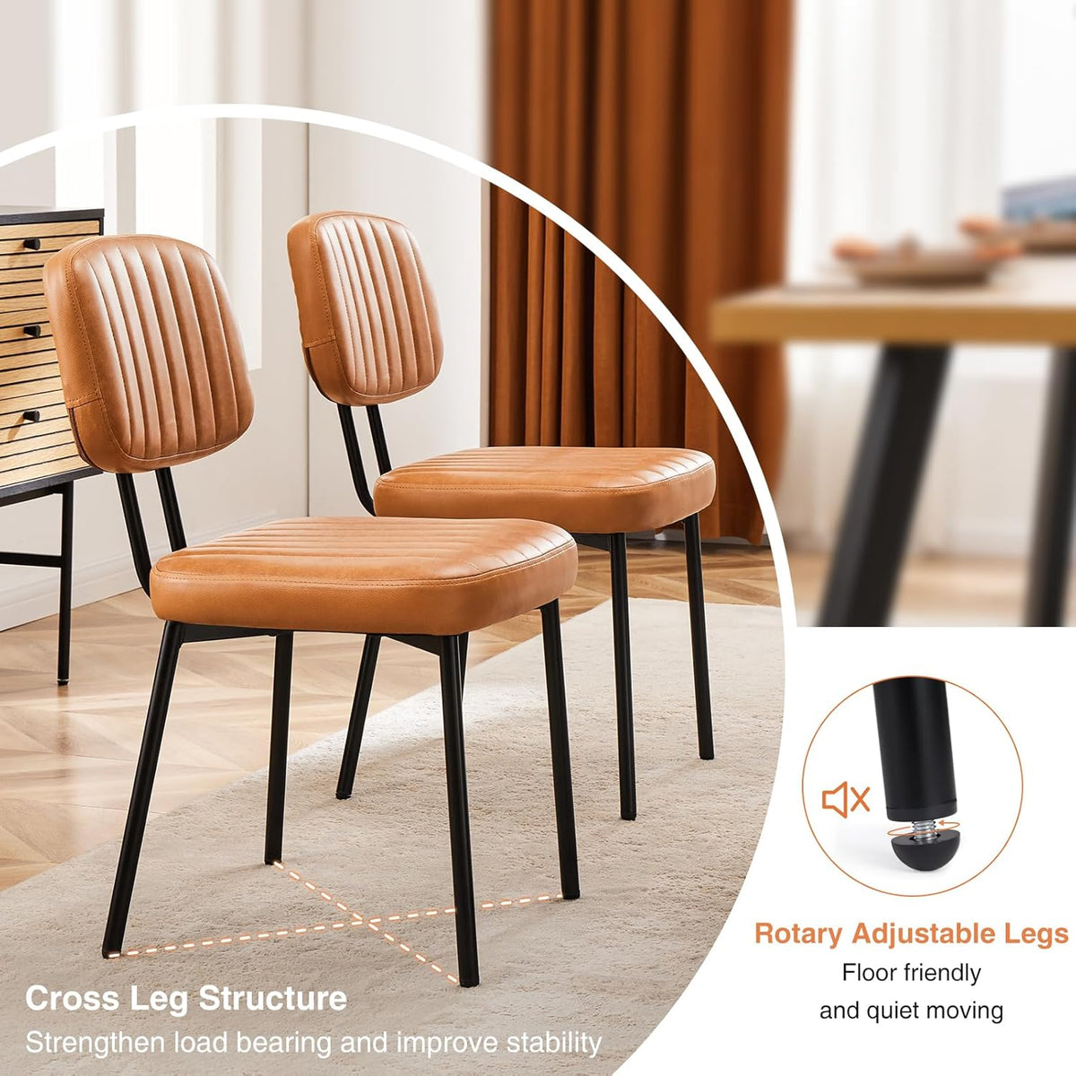 Sweetcrispy Dining Chairs Set of 6, Upholstered Mid Century Modern Kitchen Accent Chairs with Faux Leather Cushion Seat & Metal Legs for Home Office, Living Room - Brown