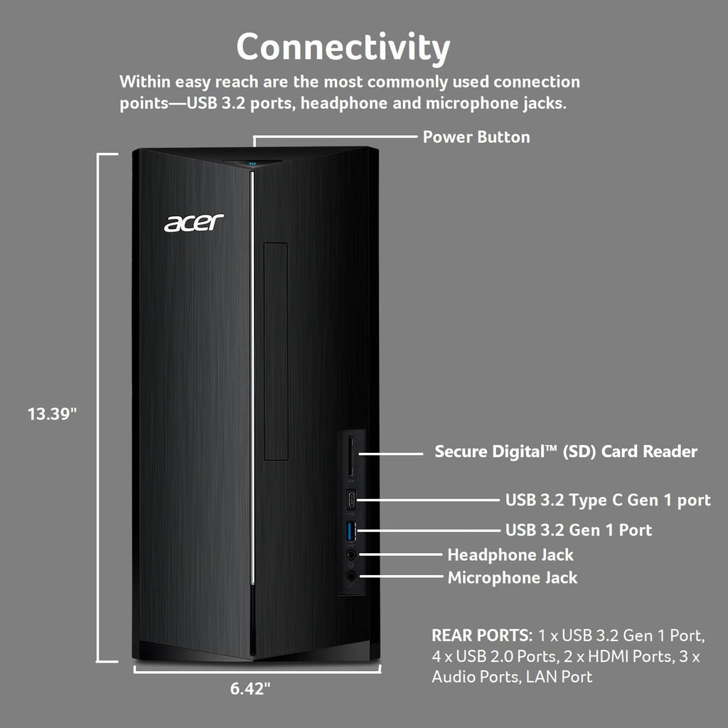 acer Aspire TC-1780-UA93 Desktop | 13th Gen Intel Core i5-13400 10-Core Processor | 16GB 3200MHz DDR4 | 1TB M.2 2280 PCIe Gen 4 SSD | SD Card Reader | Intel Wi-Fi 6E AX211 | Windows 11 Home