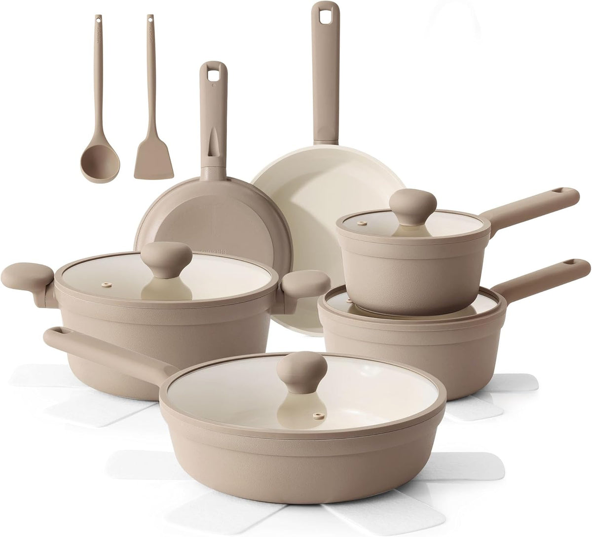 SENSARTE Ceramic Nonstick Pots and Pans Set 17pcs, Healthy Induction Cookware Set, Nontoxic Kitchen Cooking Set with Skillets & Saucepans, Stay-cool Handles, PFAS PTFE PFOA PFOS Free,Taupe