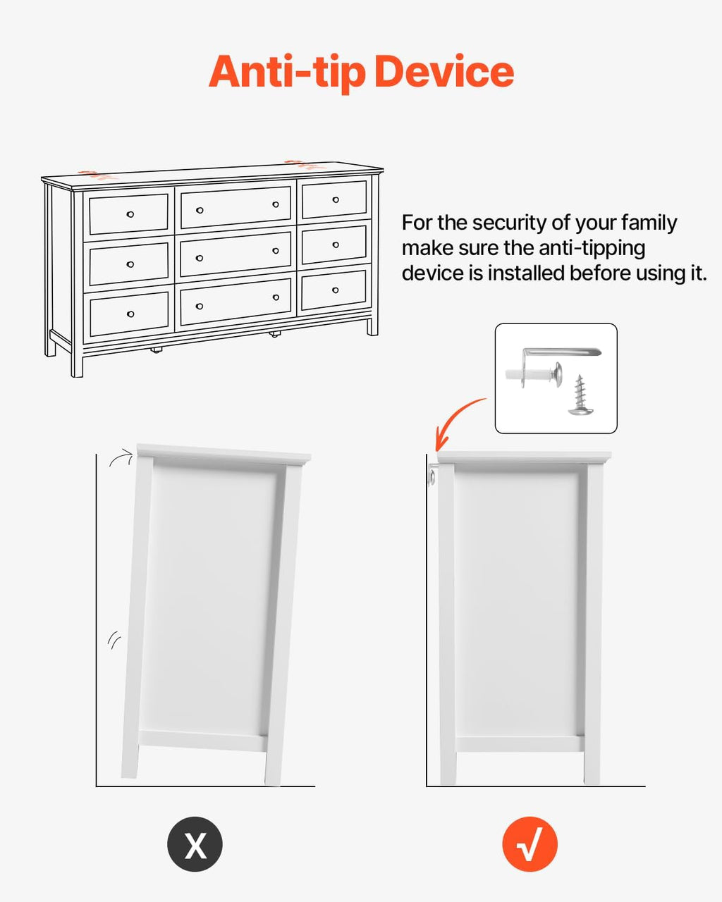 VEVOR 9 Drawer Dresser, Wooden Chest of Drawers with Sliding and Anti-tip Device, Retro Minimalist Dresser Chest, Closet Storage TV Stand Organizer for Living Room, Hallway, Bedroom, Entryway, White