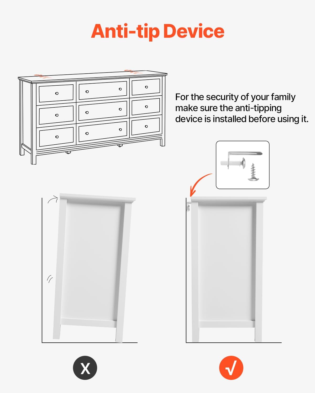 VEVOR 9 Drawer Dresser, Wooden Chest of Drawers with Sliding and Anti-tip Device, Retro Minimalist Dresser Chest, Closet Storage TV Stand Organizer for Living Room, Hallway, Bedroom, Entryway, White