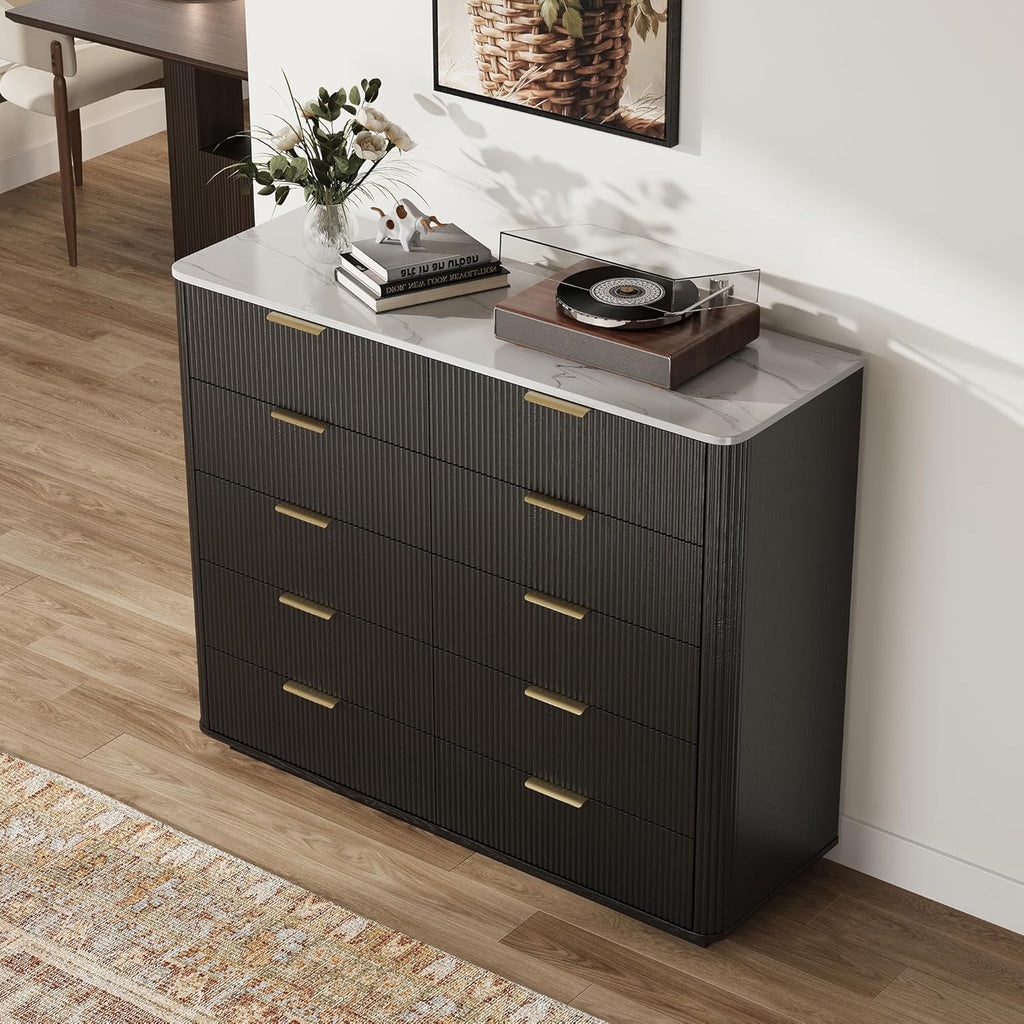 Fluted 10 Drawers Dresser for Bedroom, 47'' Wide Modern Chest of Drawers with Thickened Curved Profile Design, Wood Dressers TV Stand for Bedroom, Living Room, Hallway,Black