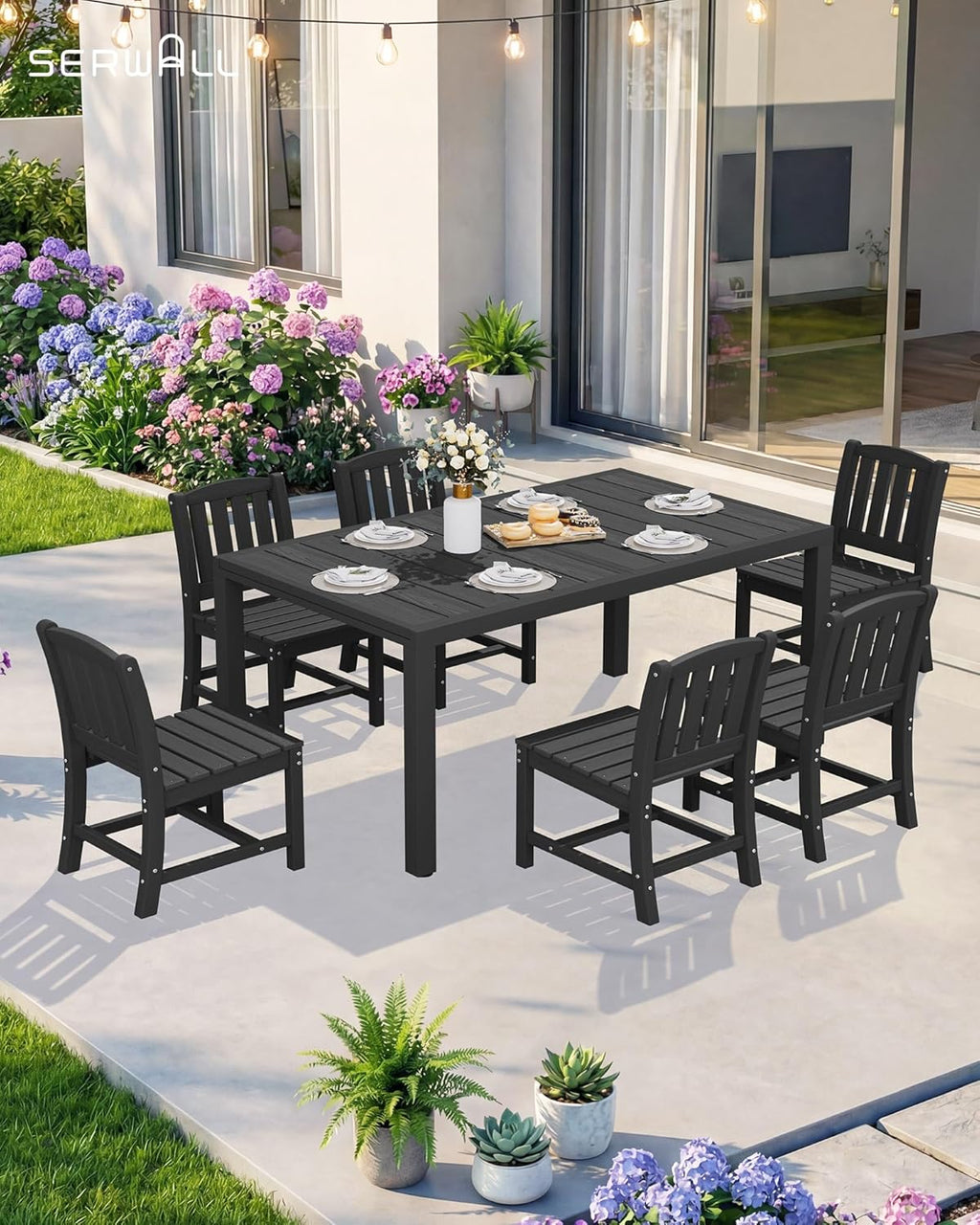 SERWALL Outdoor Expandable Dining Table 60" - 83", Patio Dining Table for 4-10 People, All Weather HDPE and Aluminum Outdoor Furniture, Black