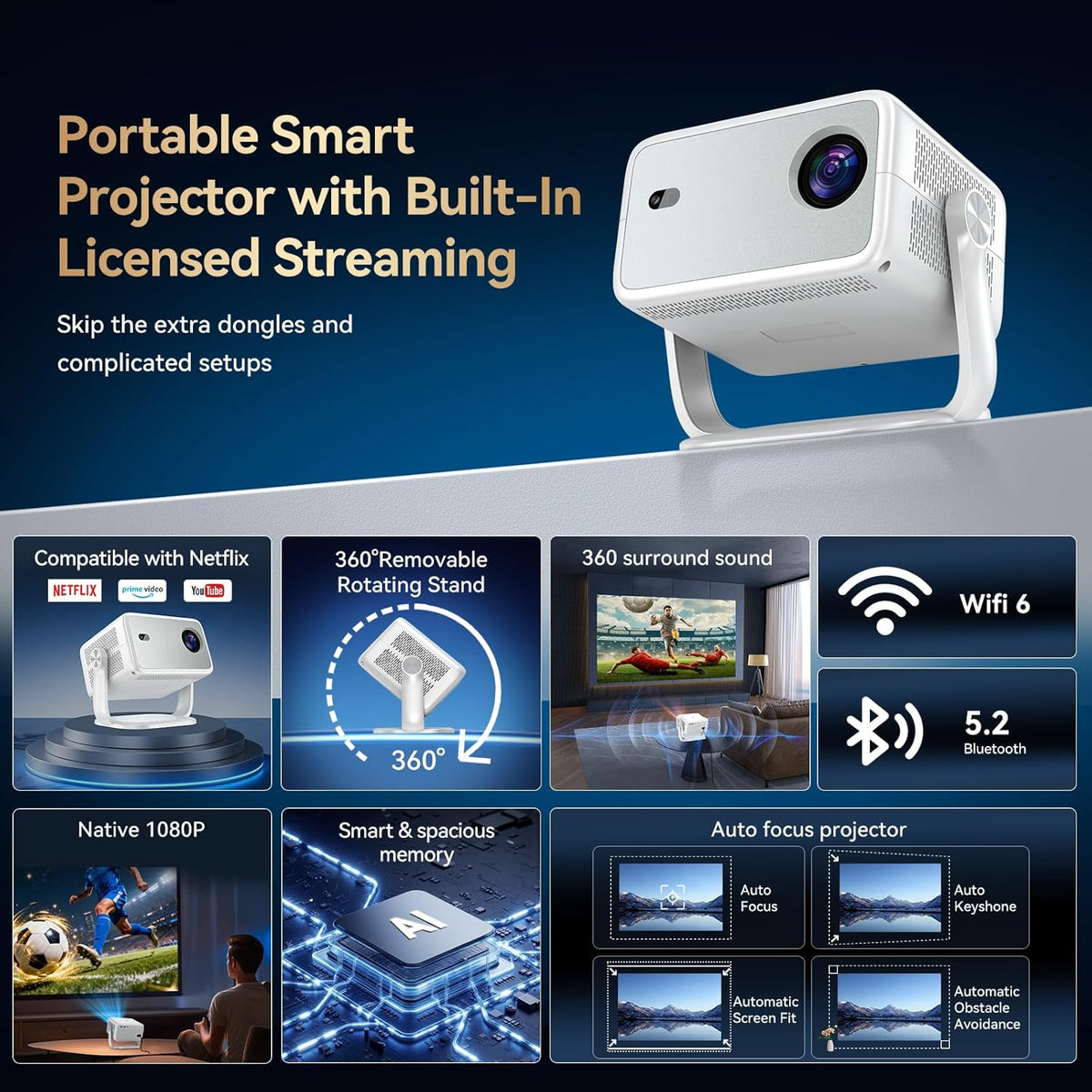 【Officially-Licensed APP & 4k Support】Smart Projector with 5G WiFi and Bluetooth with Auto Focus & Keystone, Native 1080P Outdoor Movie Projector Bedroom/Home/Celling