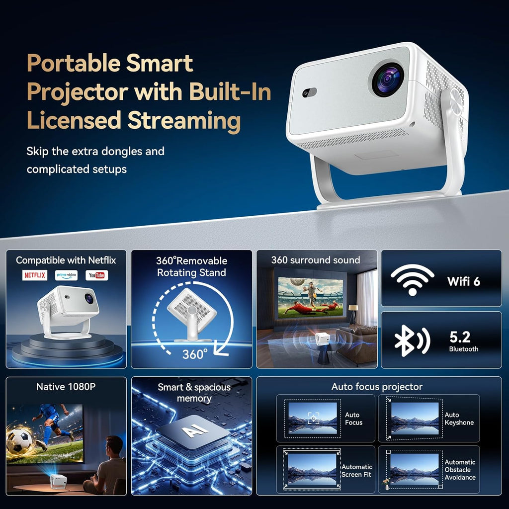 【Officially-Licensed APP & 4k Support】Smart Projector with 5G WiFi and Bluetooth with Auto Focus & Keystone, Native 1080P Outdoor Movie Projector Bedroom/Home/Celling
