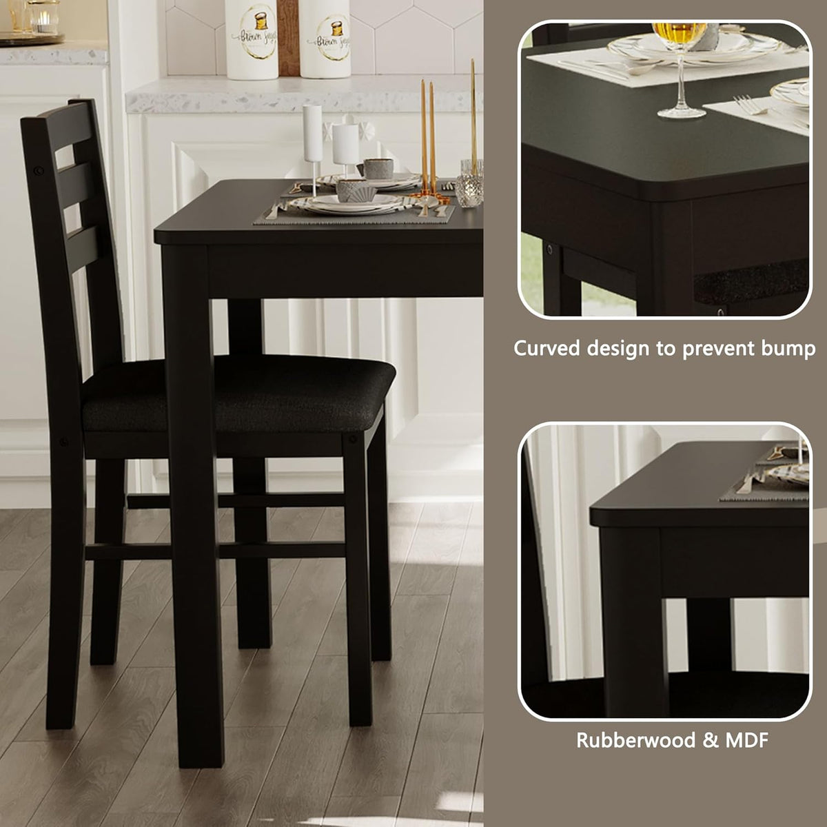 5-Piece Solid Wood Indoor Modern Rectangular Dining Table Set for 4,Table and 4 Chairs Set with Soft Cushions for Kitchen,Bar,Living Room,Breakfast Nook,Black