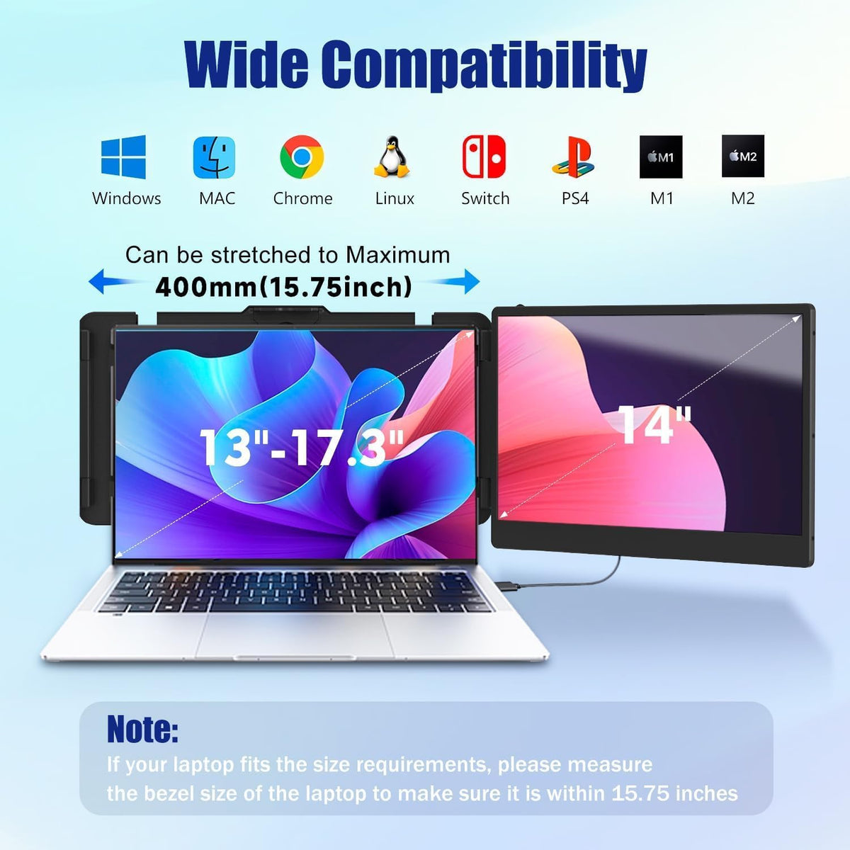 KEFEYA Laptop Screen Extender, 14" FHD 1080P IPS Laptop Monitor Extender Dual Screen, Portable Monitor for Laptops 13-17" with USB-C/HDMI Port, Plug n Play for Windows/Mac/Android/Switch/PS5