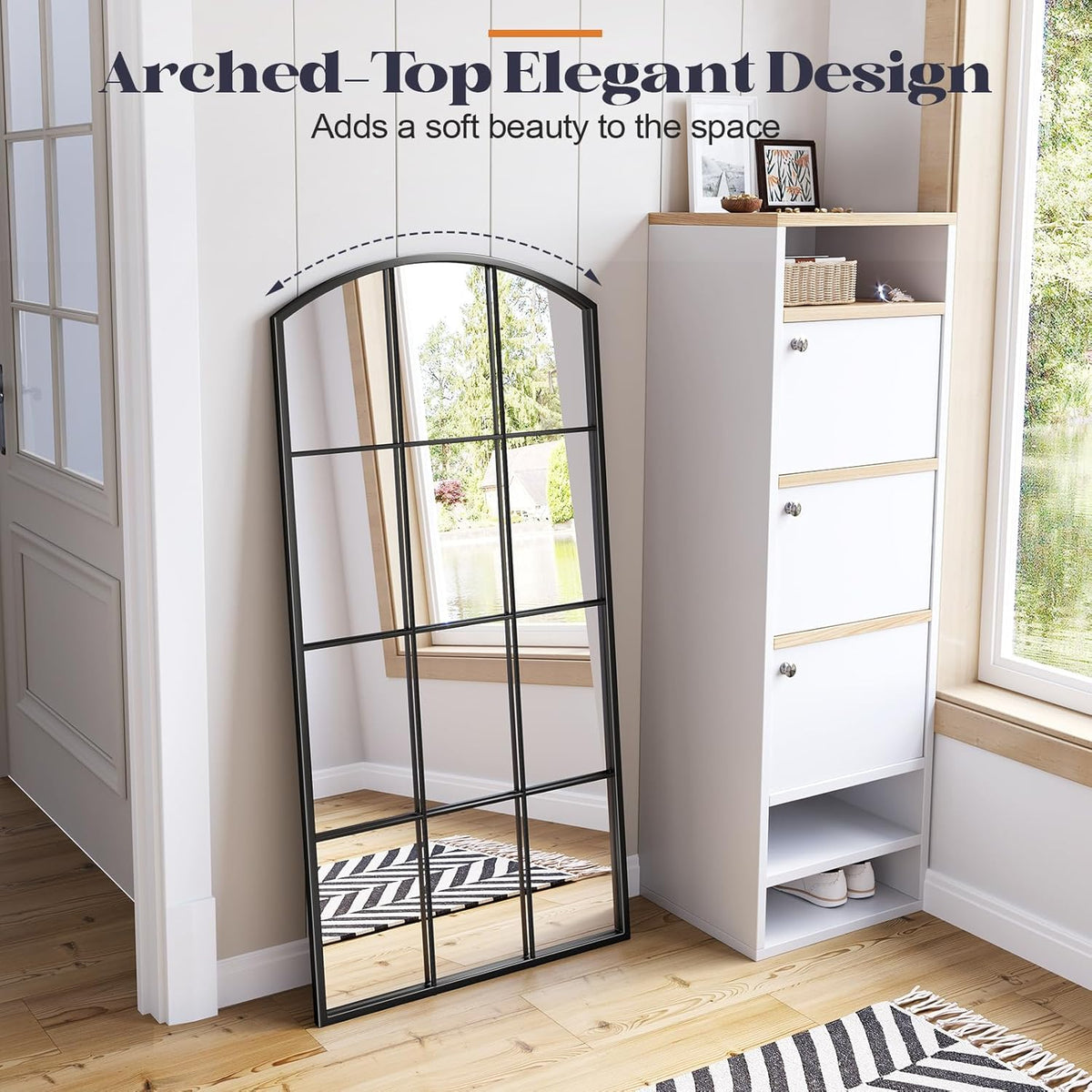 Arched Window Mirror, 24" x 48" Black Window Mirrors for Wall, Tall Farmhouse Grid Mirror for Living Room Bedroom Dining Room Fireplace Hallway Mantle Entryway